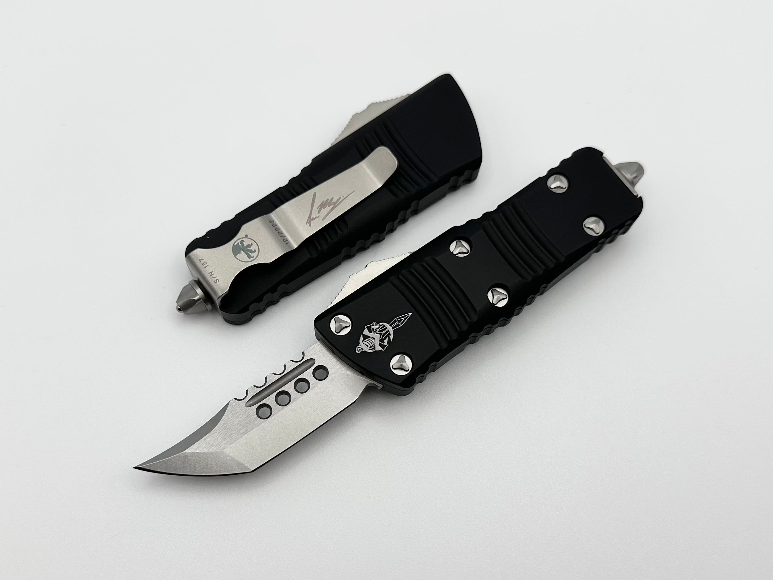 Premium Microtech Mini Troodon Hellhound - Stonewash & Black Handle OTF Knife