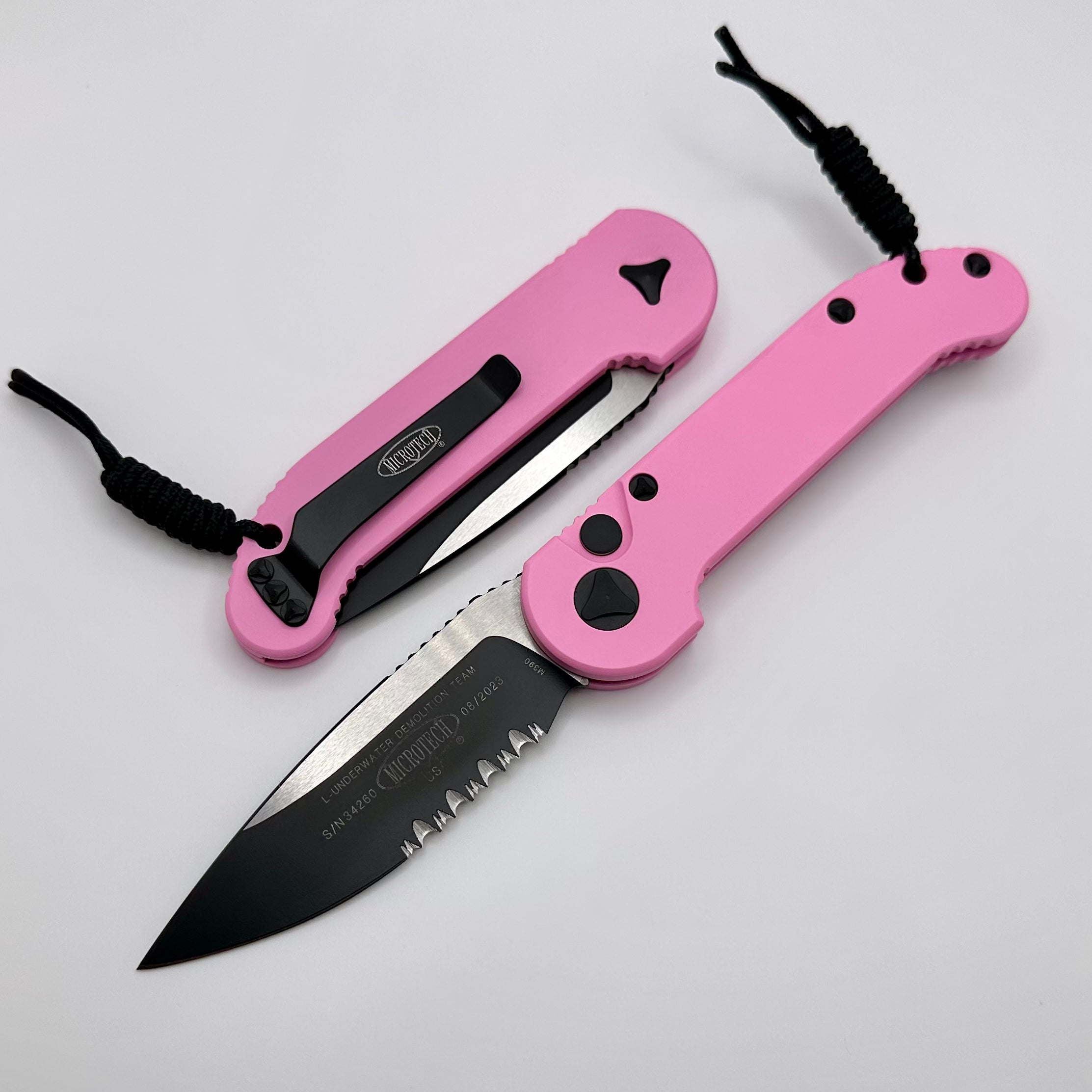 Microtech L.U.D.T Ultimate Tactical Knife - Pink Handle & Two-Tone Black Blade