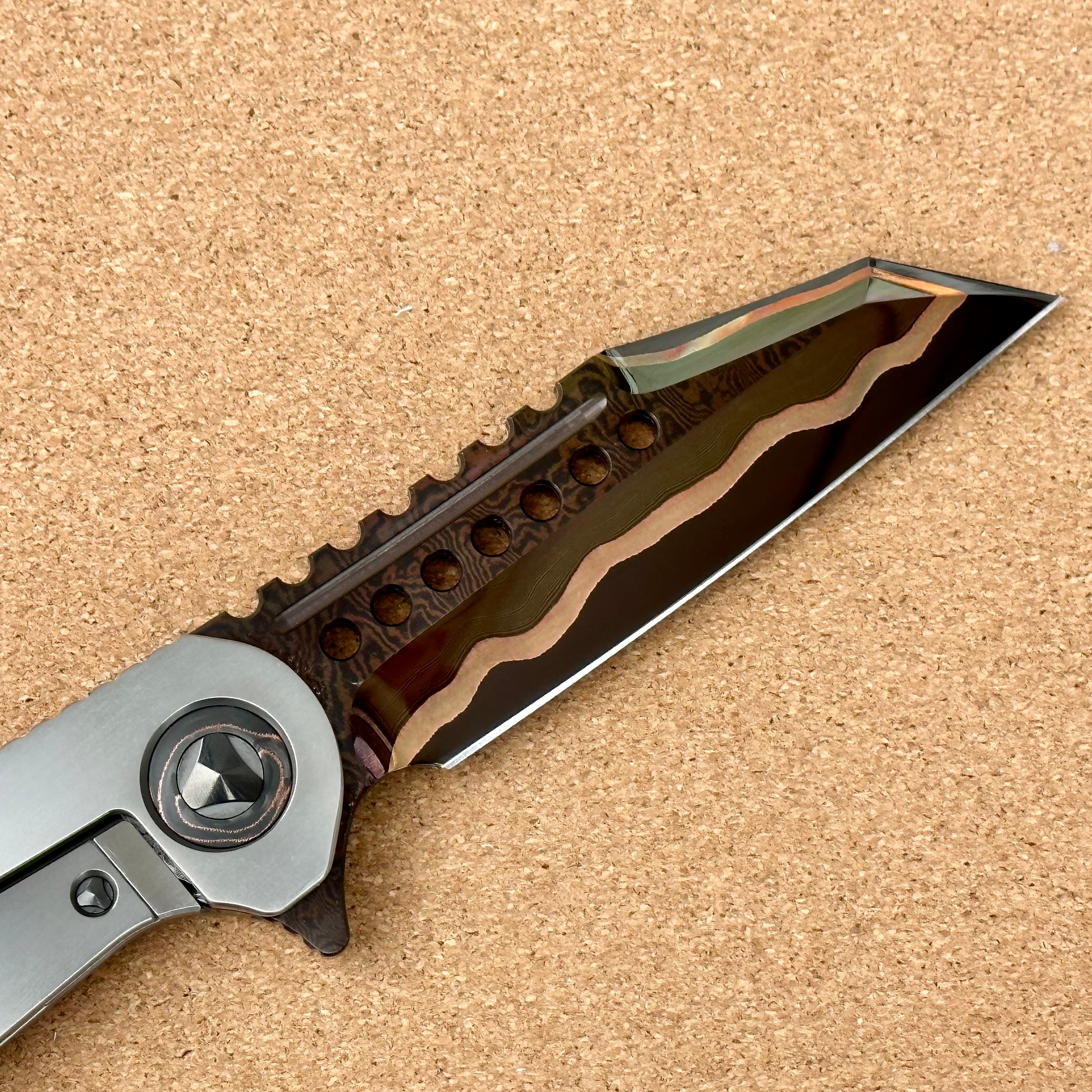 Marfione Custom Warhound Titanium Damascus Knife with Copper Carbon Fiber Inlay