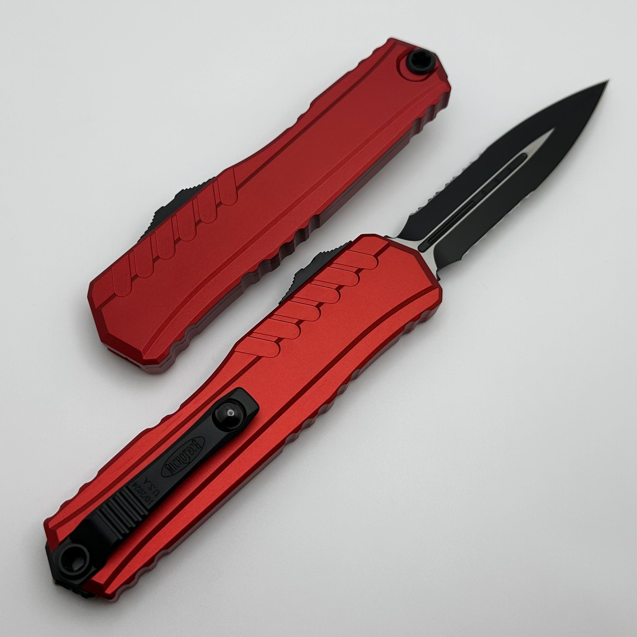 Microtech Cypher II OTF Knife - Black Partial Serrated Blade with Red Aluminum Handle