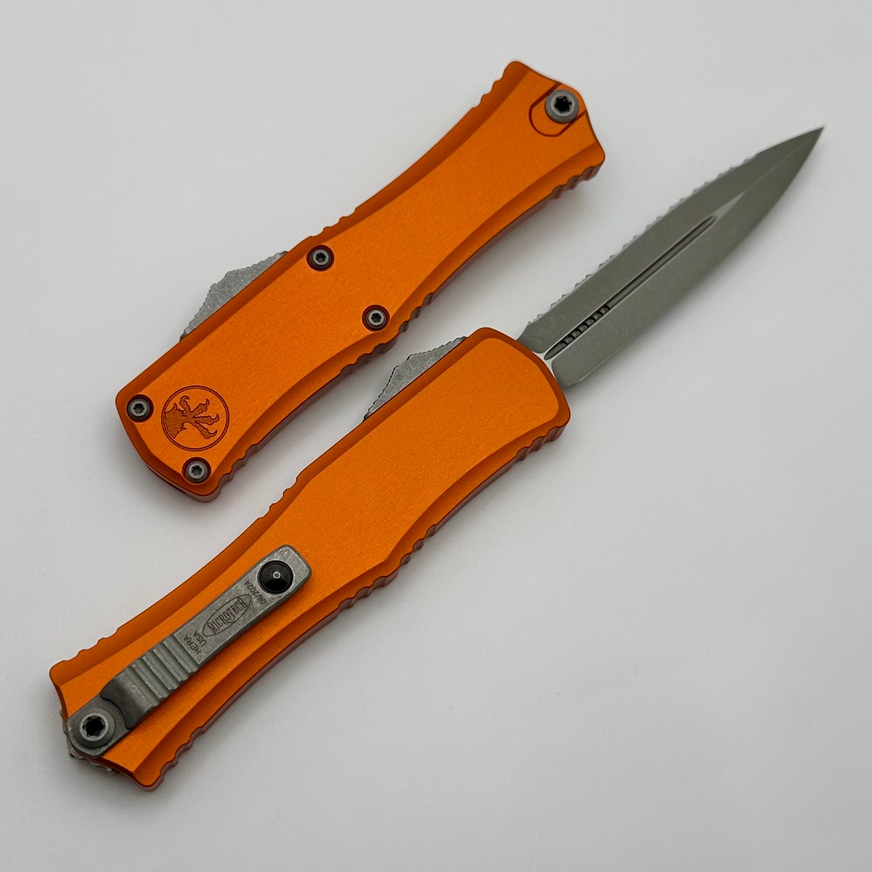 Microtech Premium Mini Hera Apocalyptic Serrated Knife - Orange Handle, M390MK Steel