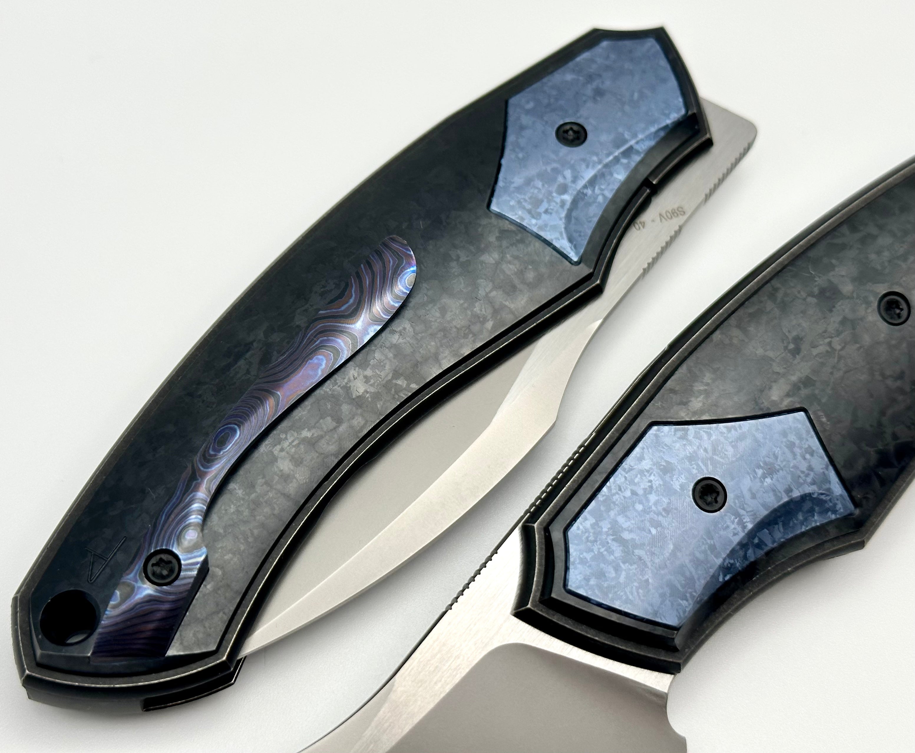 Premium Custom Knife Factory Davless: Crystal Ti & Blue Crystal Ti with CKF Wash S90V Blade