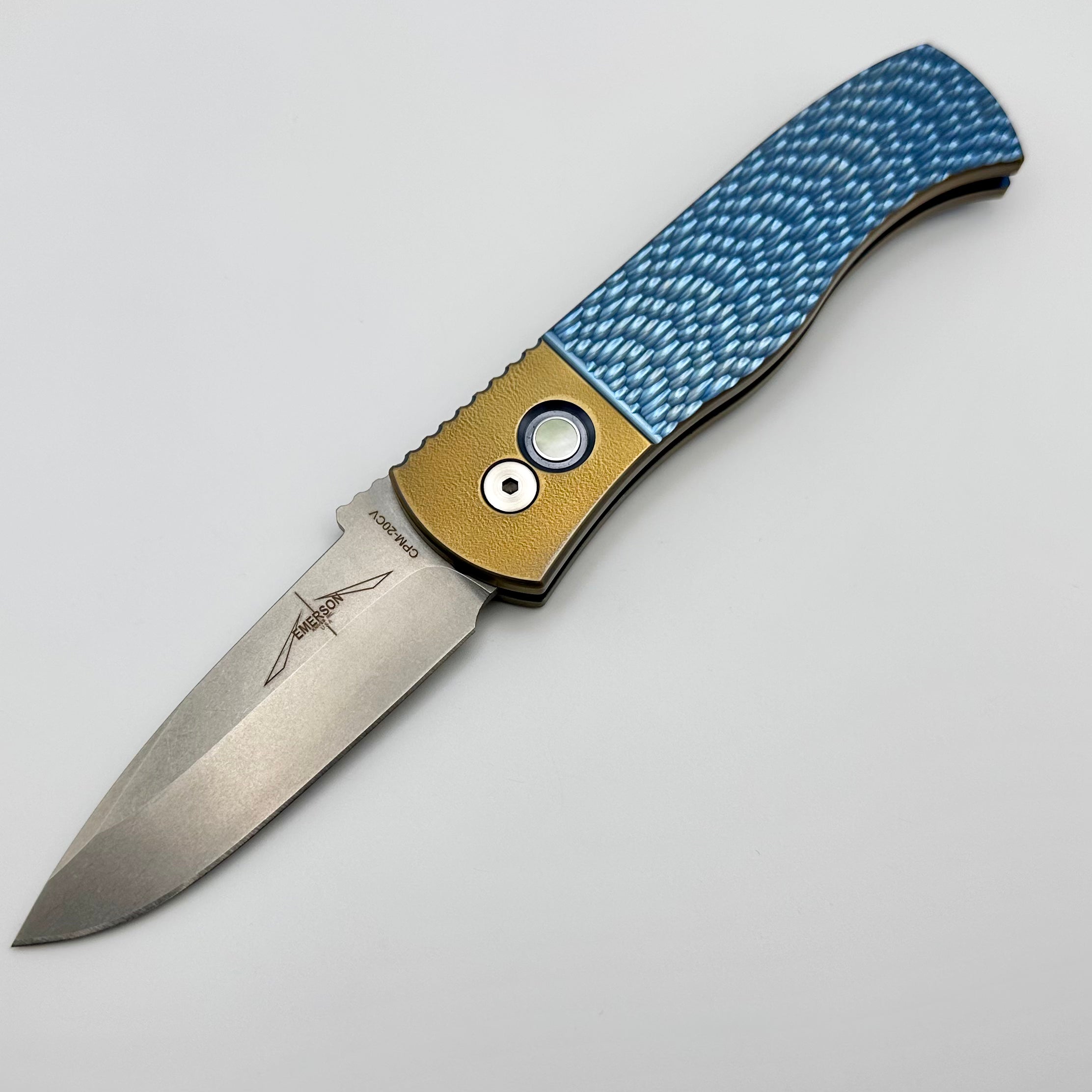 Ultimate Pro-Tech Emerson Custom Knife - Titanium Blue/Bronze Handle with Pearl Button & Stonewash 20CV Blade