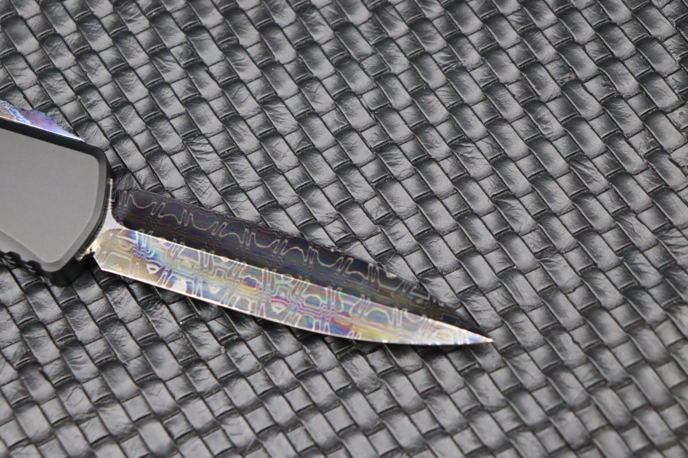 Premium Marfione Hera D/E Spike Knife - Vegas Forge Reptilian Damascus & Black Anodized Handle