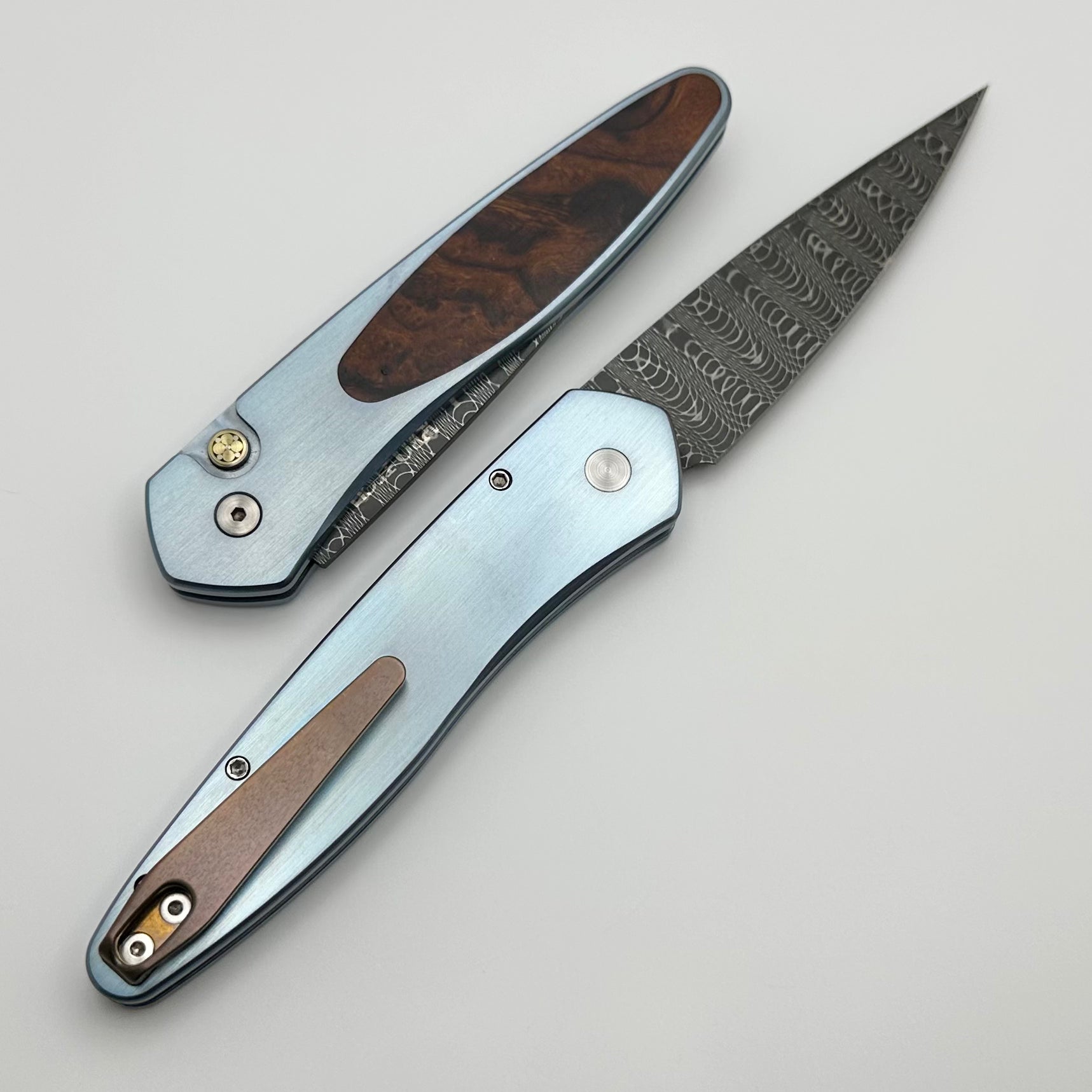 Premium Pro-Tech Newport 2 Custom Knife - Satin Blue Titanium with Mosaic Button & Desert Ironwood Inlay