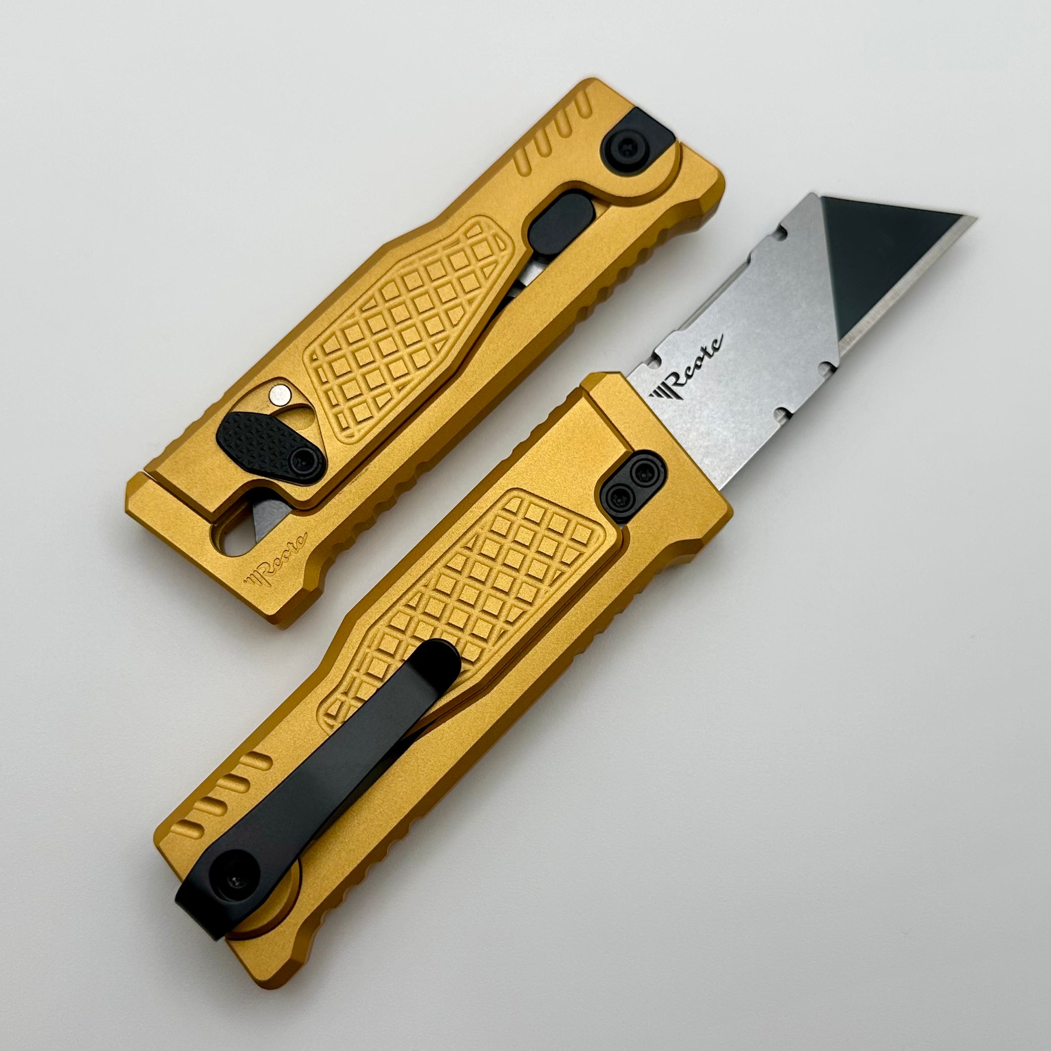 Reate EXO-U Premium Utility Knife with Diamond Pattern Yellow Aluminum Handle