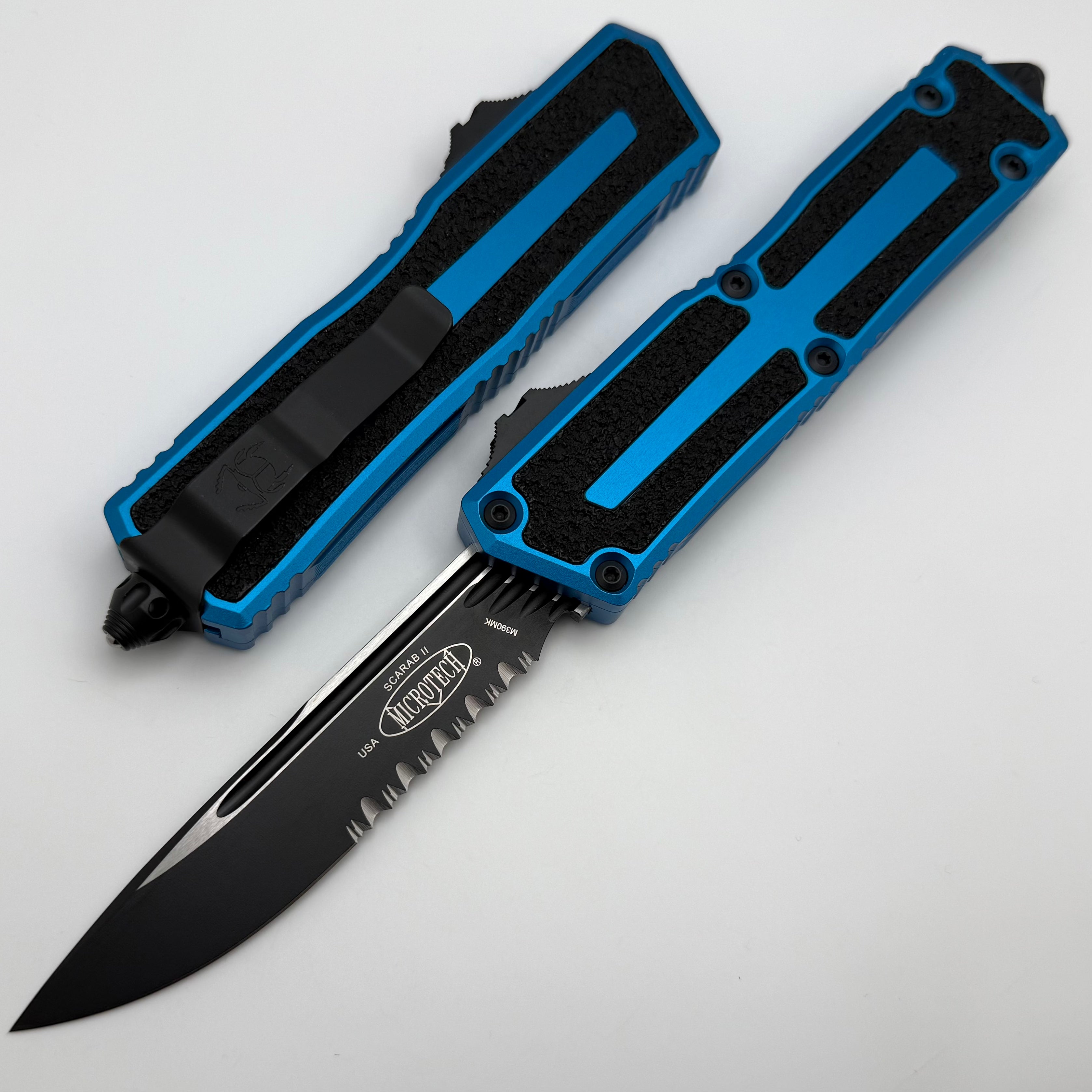 Microtech Scarab 2 Gen 3 Ultimate Tactical Knife - Black Partial Serrated Blade with Blue Handle