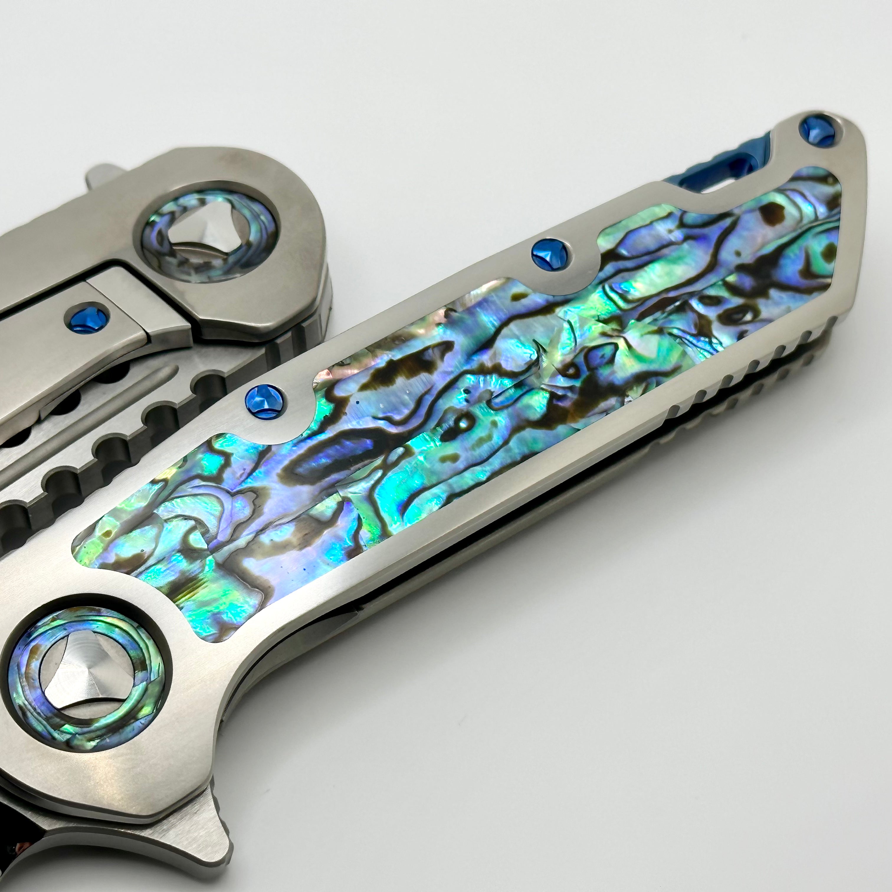 Marfione Custom Warhound Knife: Premium Mirror Polish Blade with Abalone Inlay & Blue Titanium Hardware