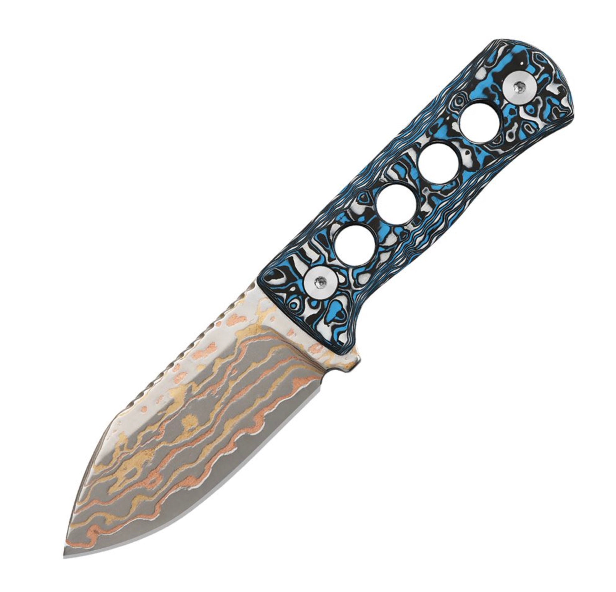 Premium QSP Canary Neck Knife - Brass Copper Damascus Blade & Tri-Color Carbon Fiber Handle