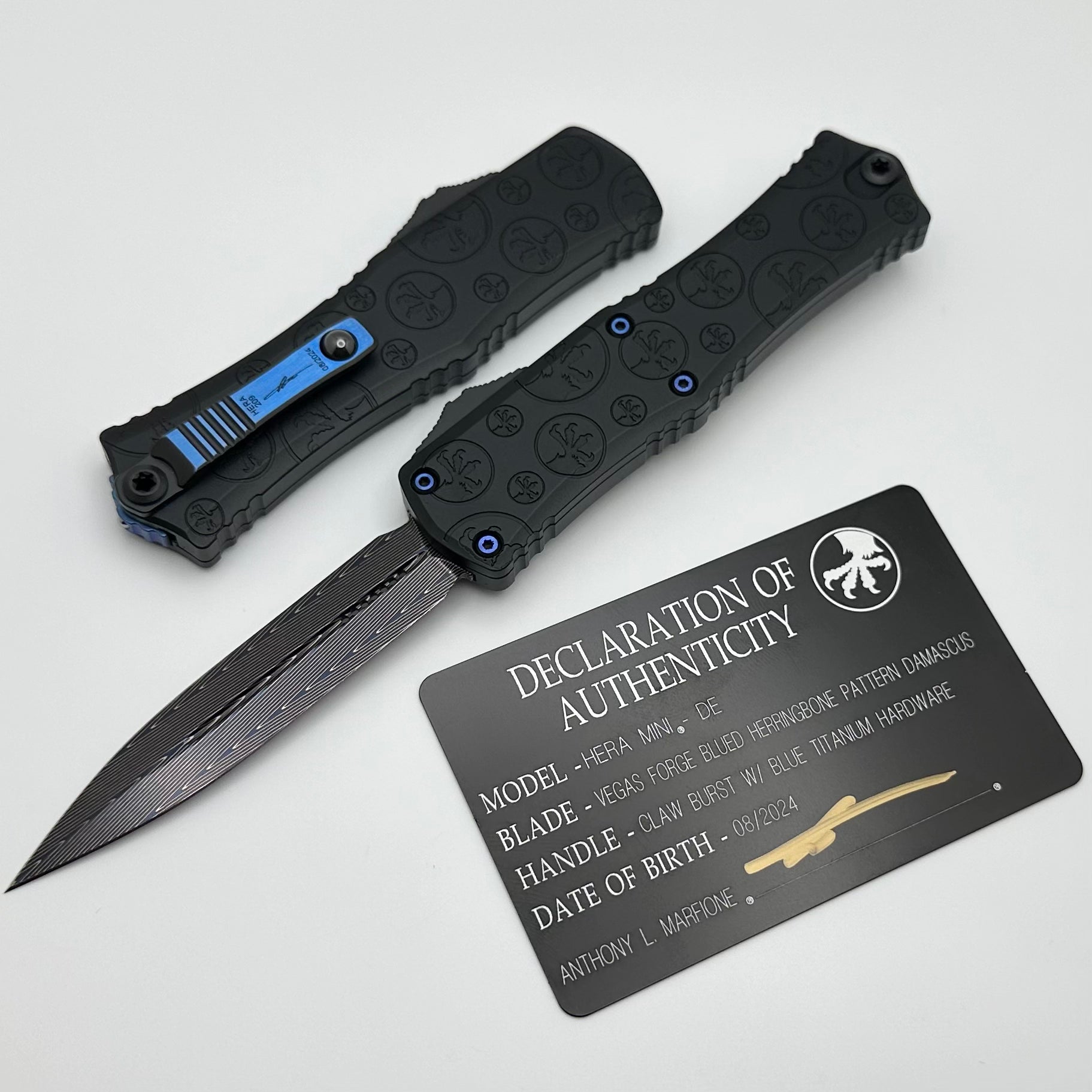 Microtech Hera II Mini Signature Series - Premium Damascus Blade with Black Claw Burst Handle & Blue Titanium Hardware