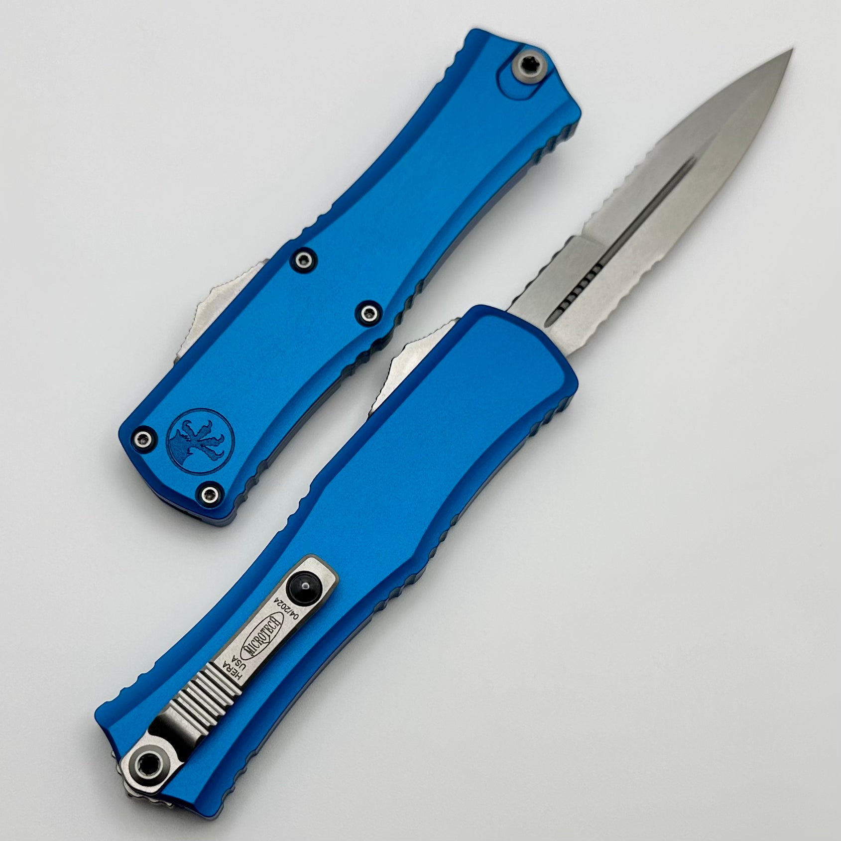 Microtech Premium Mini Hera OTF Knife - M390MK Blade, Blue Aluminum Handle, Partial Serrated