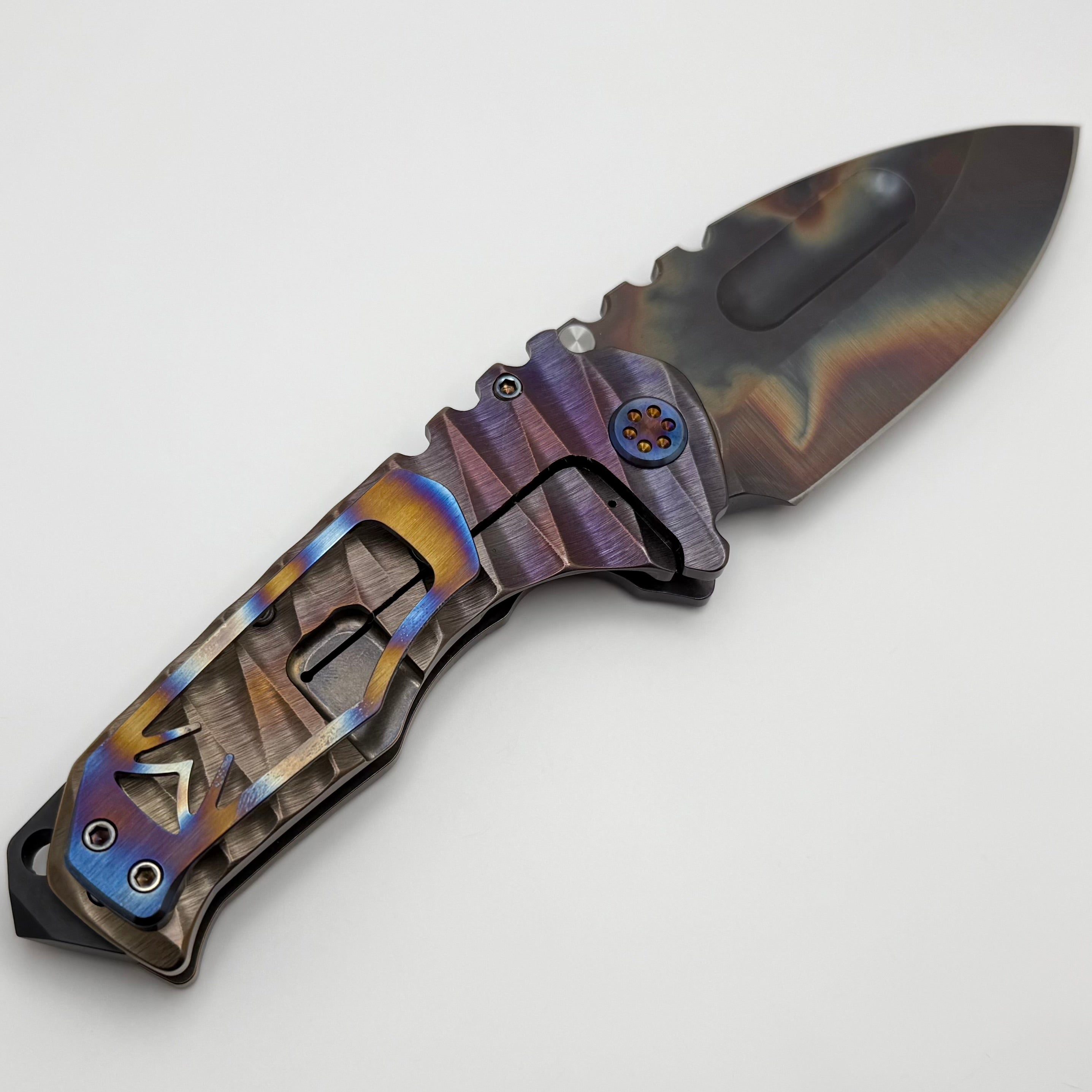 Medford Knife Praetorian TI Vulcan: Premium S45VN Drop Point with Bronze/Violet Fade Handles