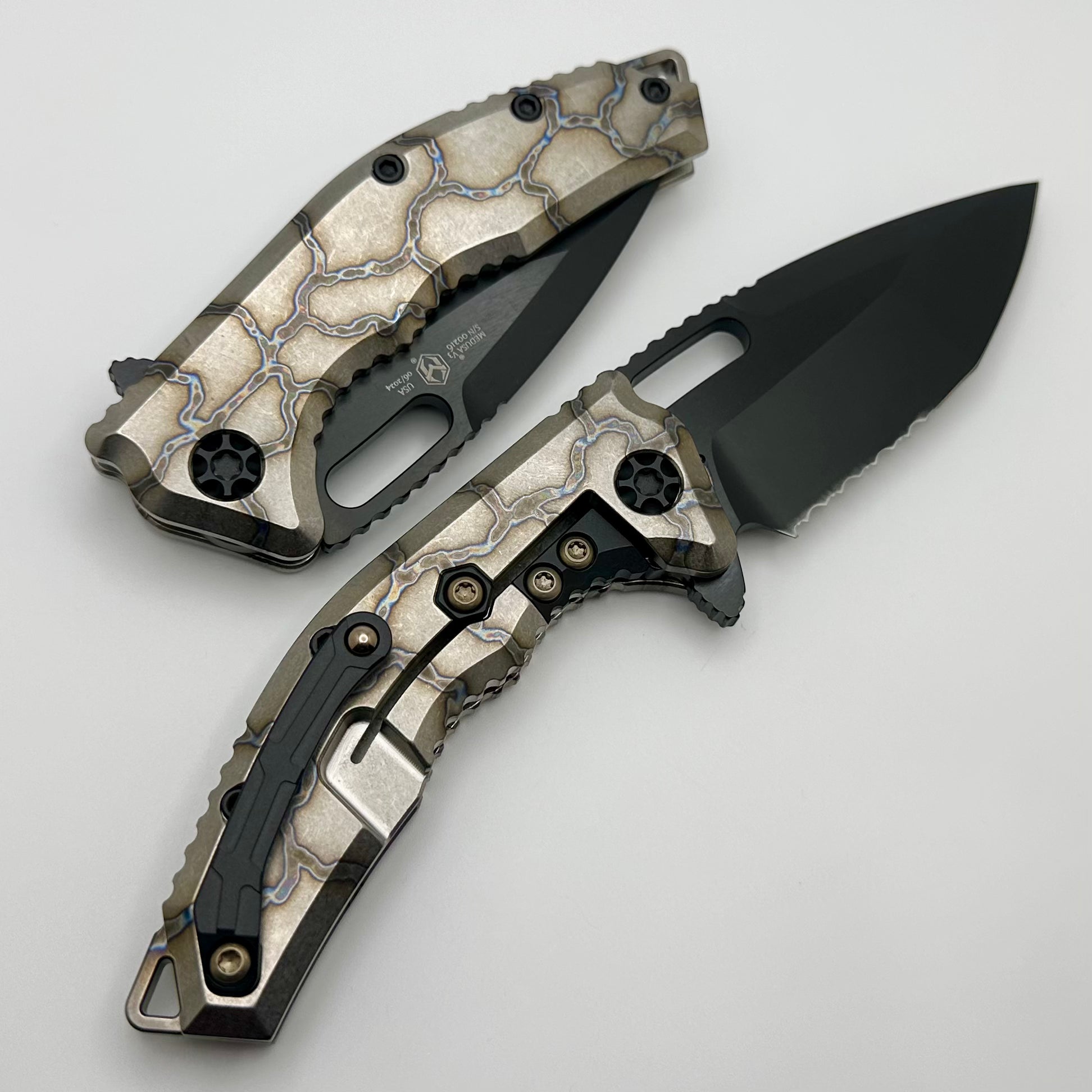 Premium Heretic Knives Medusa Manual Folding Knife - Flamed Titanium & Serrated DLC MagnaCut