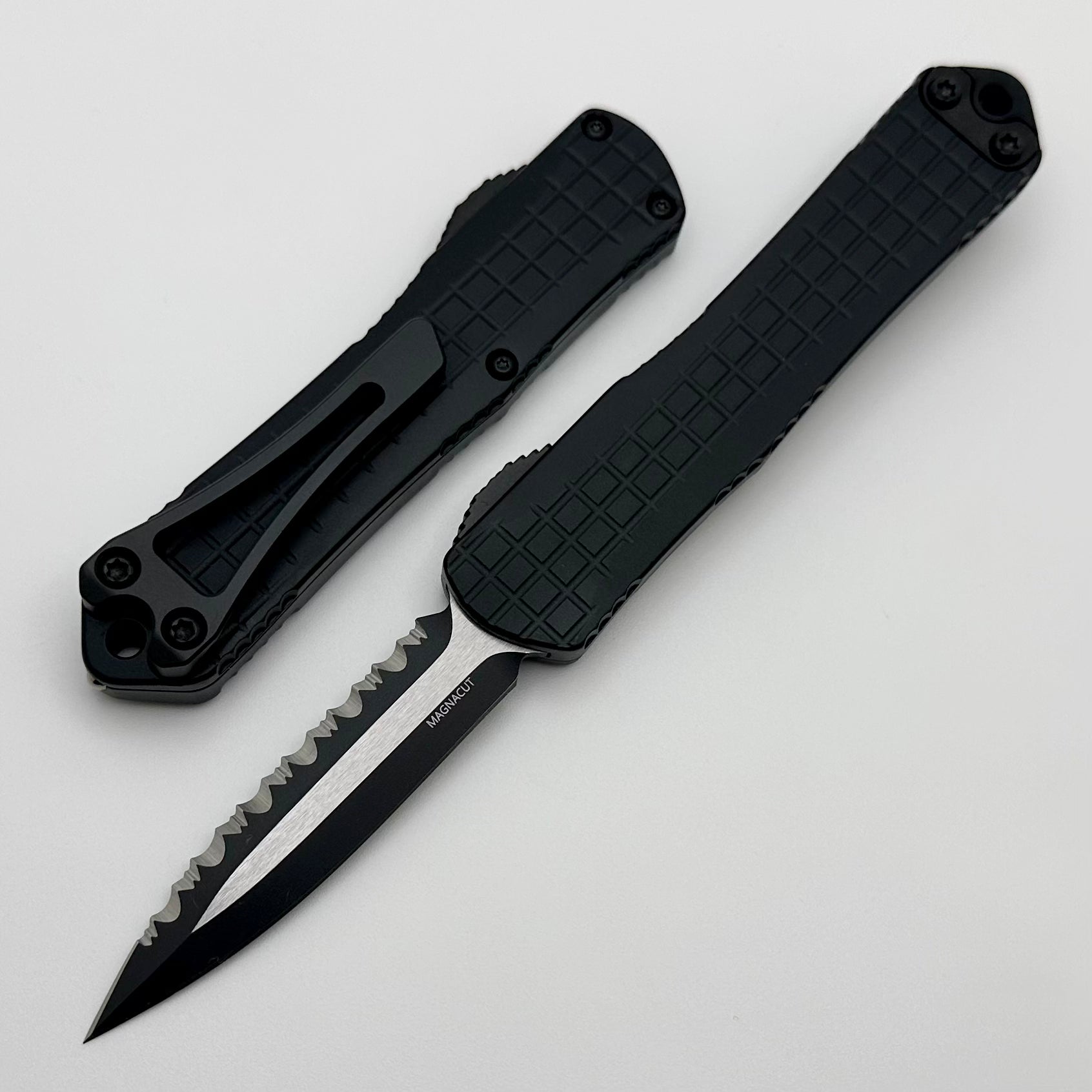 Heretic Knives Manticore S Premium Black Frag Two-Tone OTF Knife - MagnaCut D/E Full Serrated