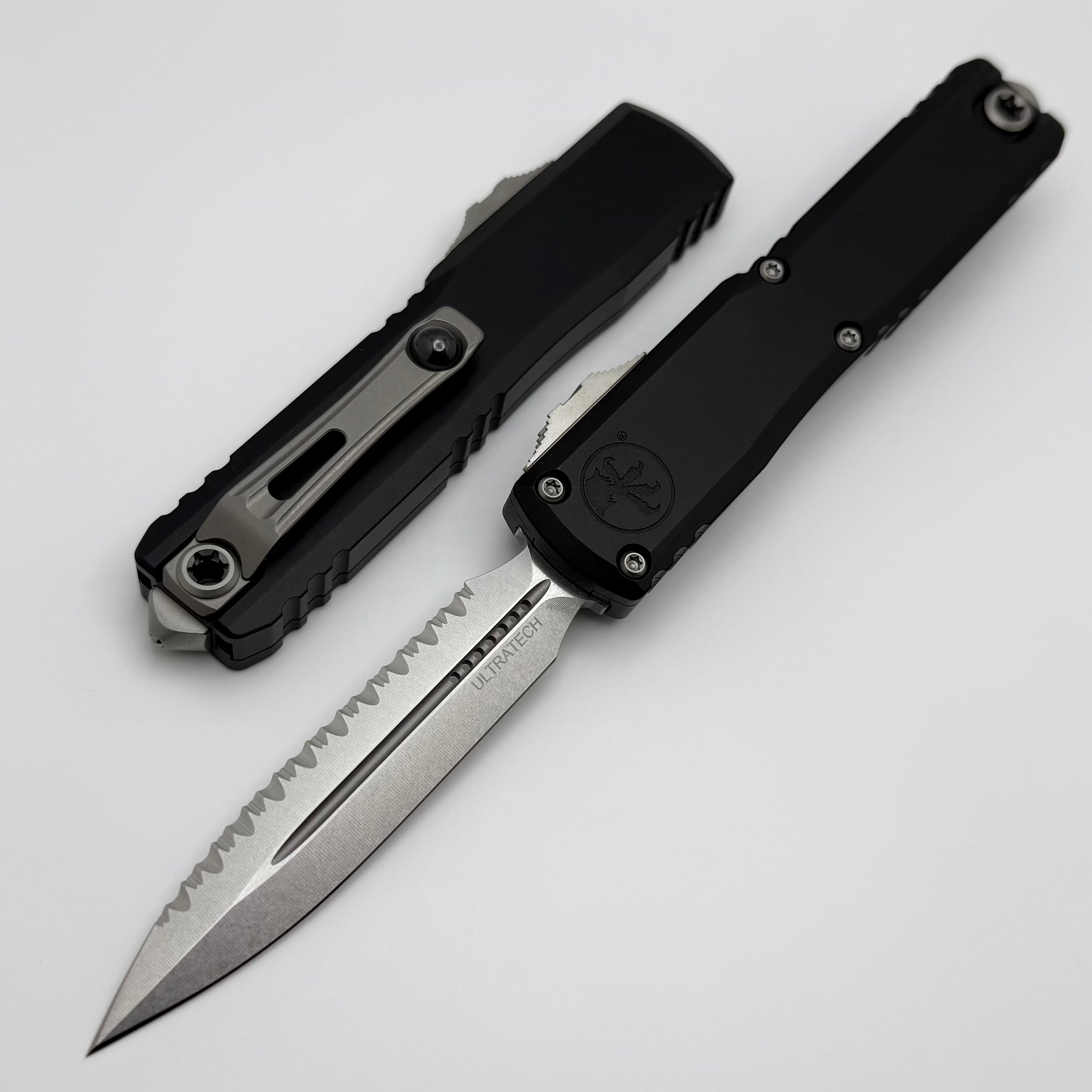 Microtech Ultratech ZBP D/E Stonewash Full Serrated Knife - Black Handle