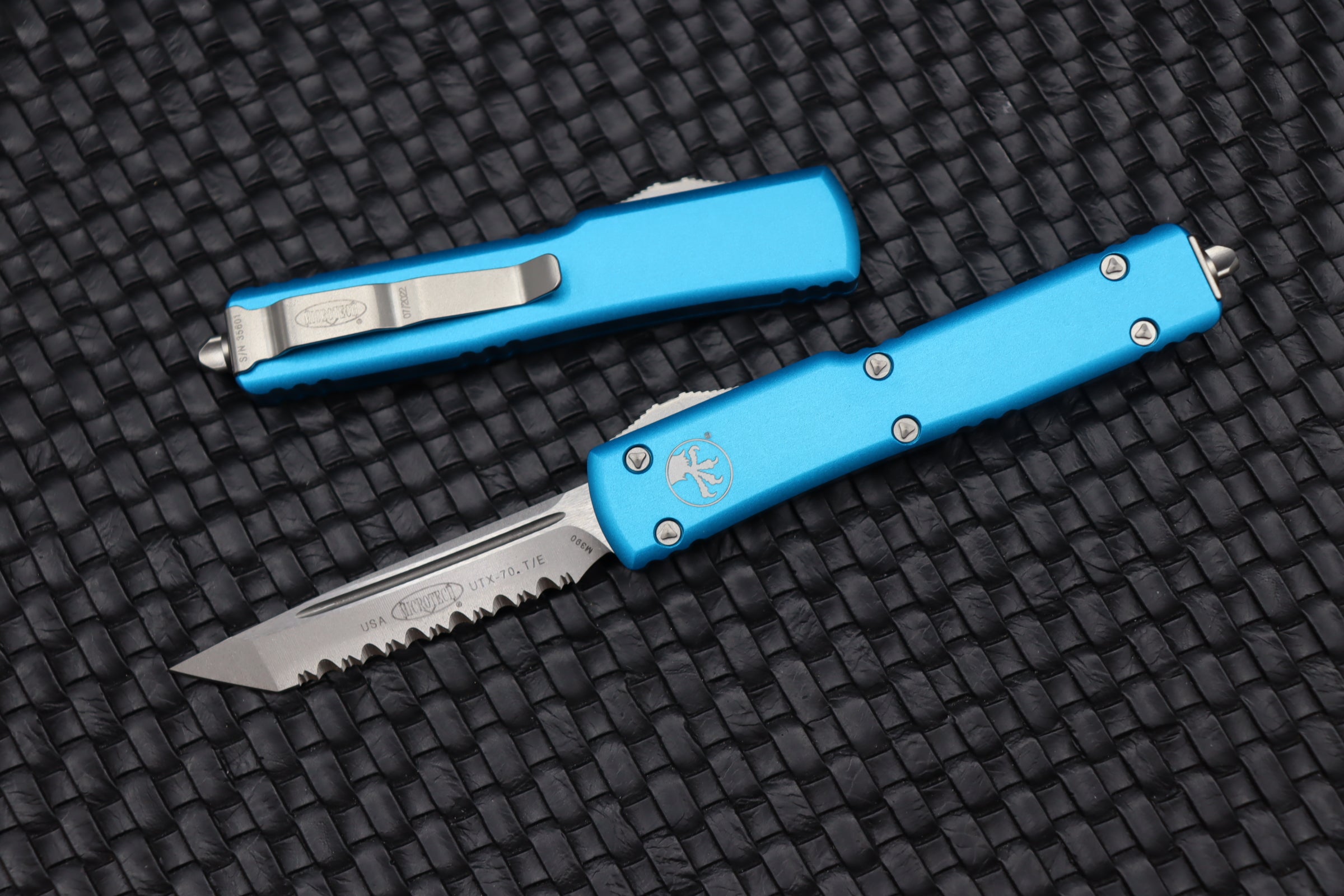 Microtech UTX-70 Tanto Edge Serrated Knife - Compact & Premium Turquoise Finish