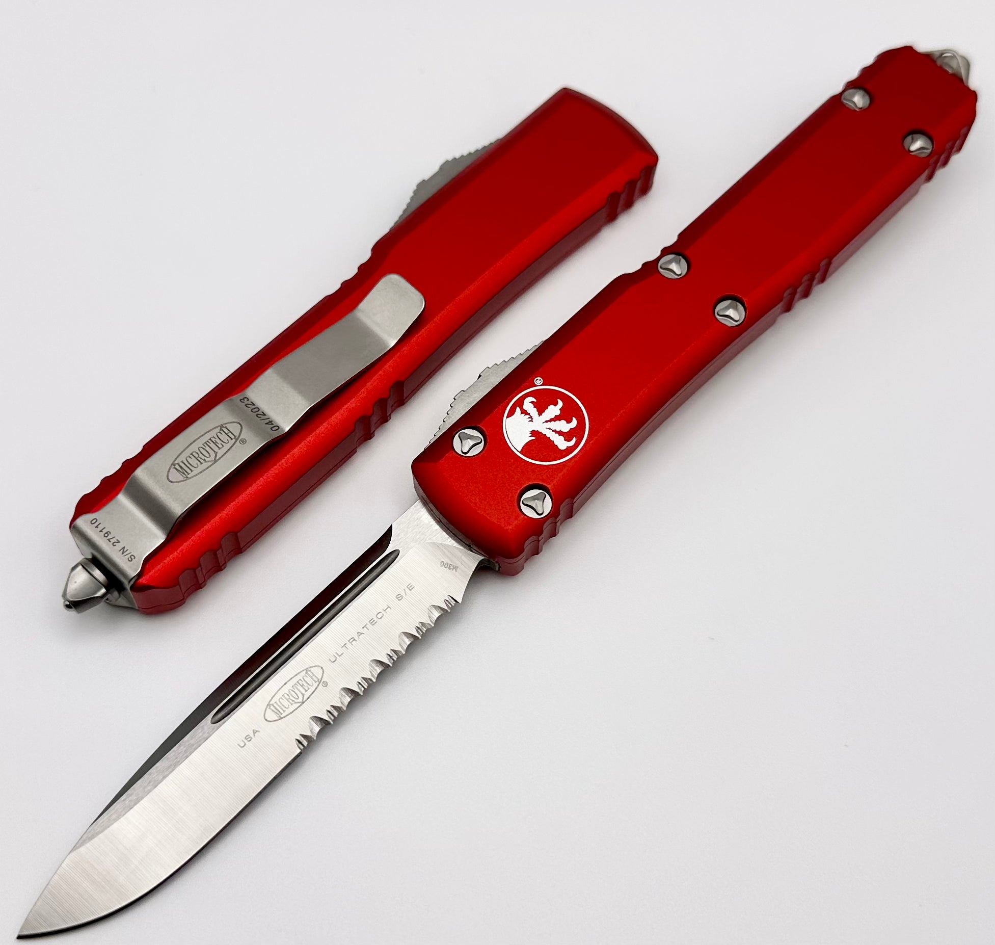 Microtech Ultratech Premium OTF Knife - Satin Partial Serrated & Red Handle