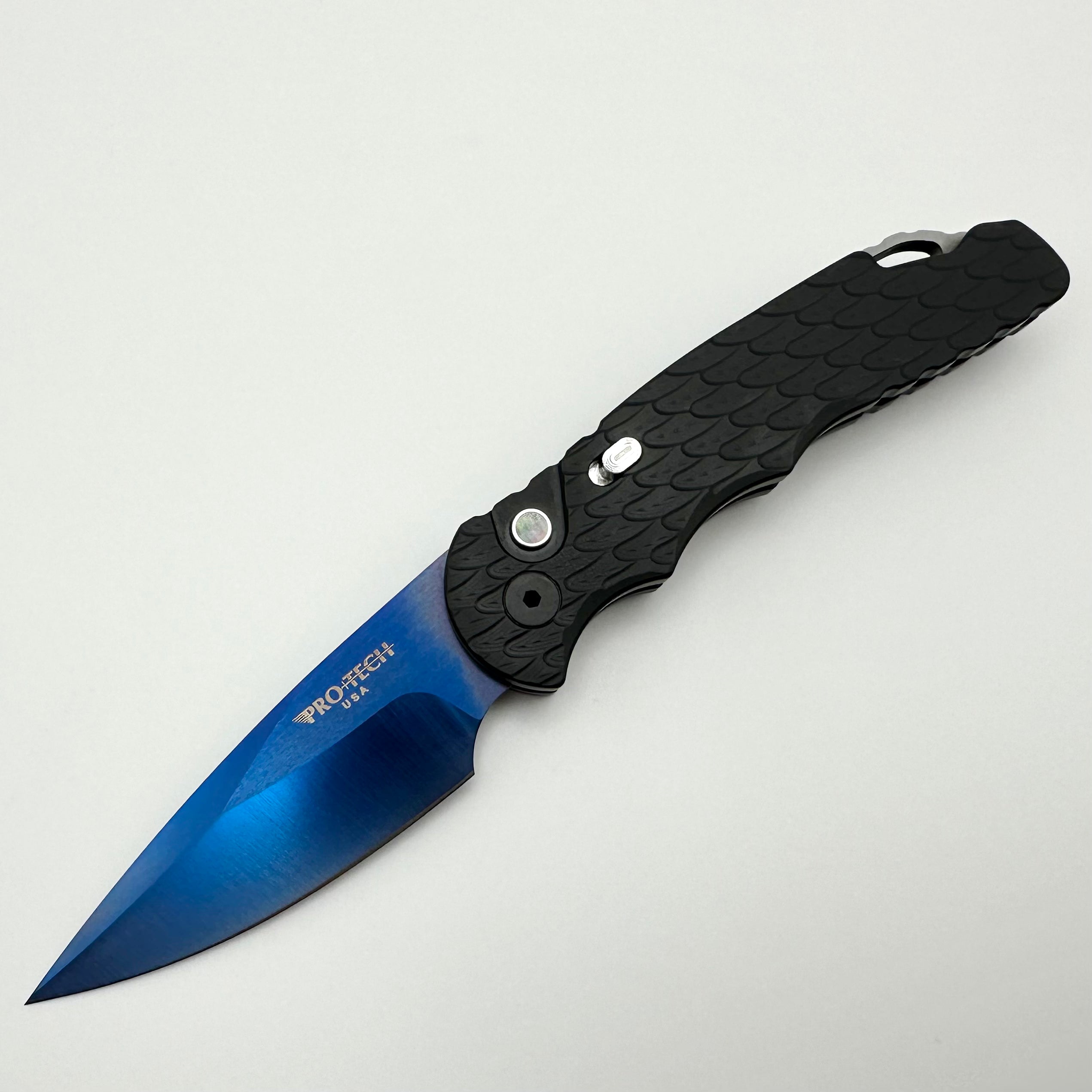 Pro-Tech TR-5 Ultimate EDC Automatic Knife - Sapphire Blue Blade, White Pearl Button, Black Feather Handle