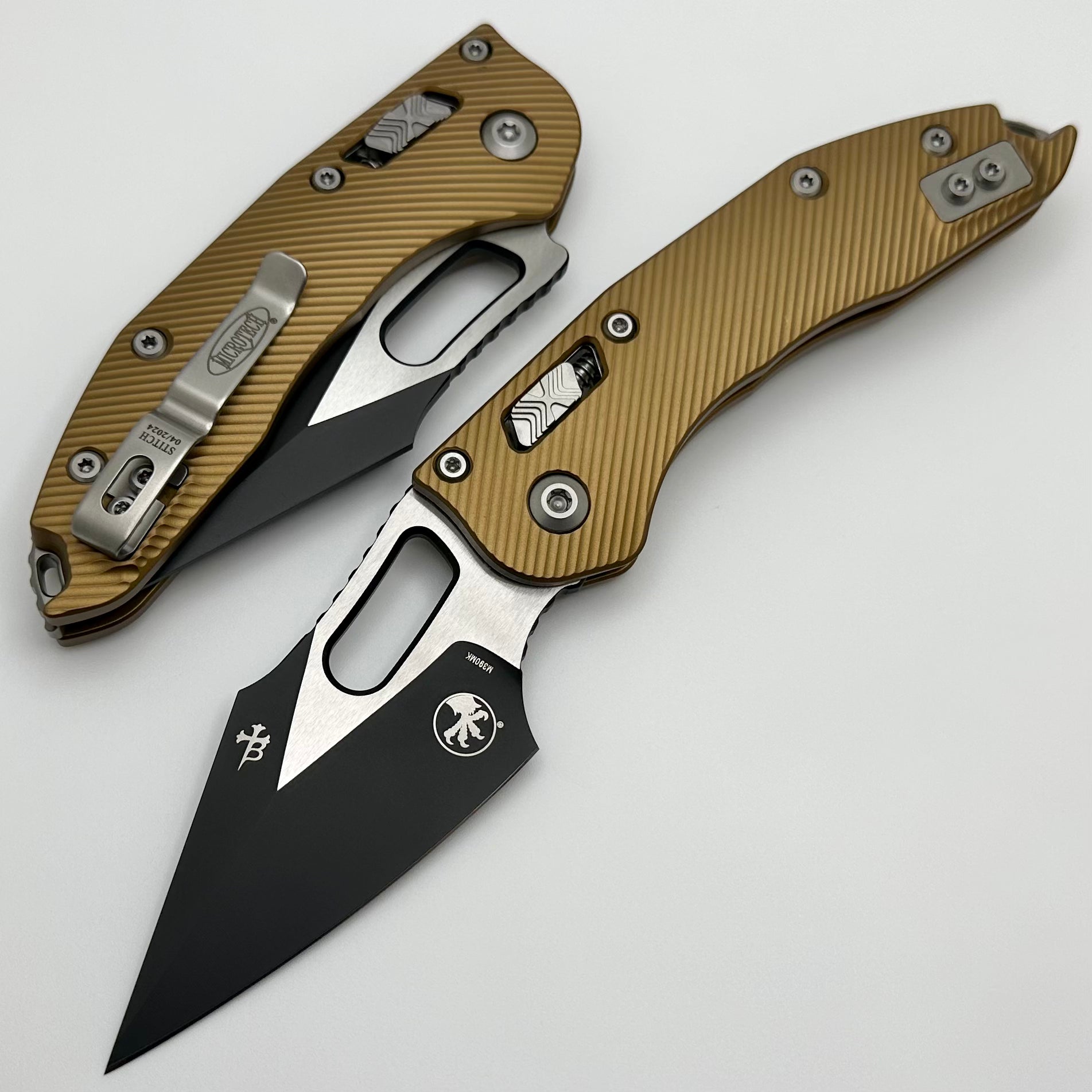 Premium Microtech Stitch RAM LOK Tactical Knife - Fluted Aluminum Tan & Black M390MK