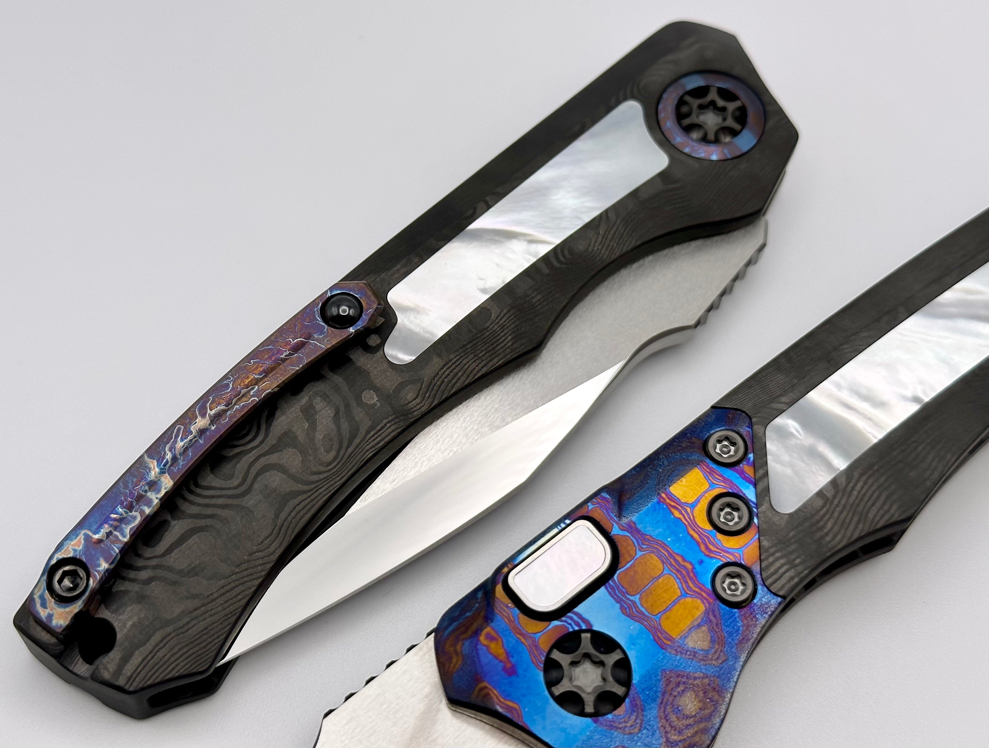 Heretic Knives Wraith Auto | Premium Fat Carbon Handle with Mother of Pearl Inlays & Mirror Polished Elmax Blade