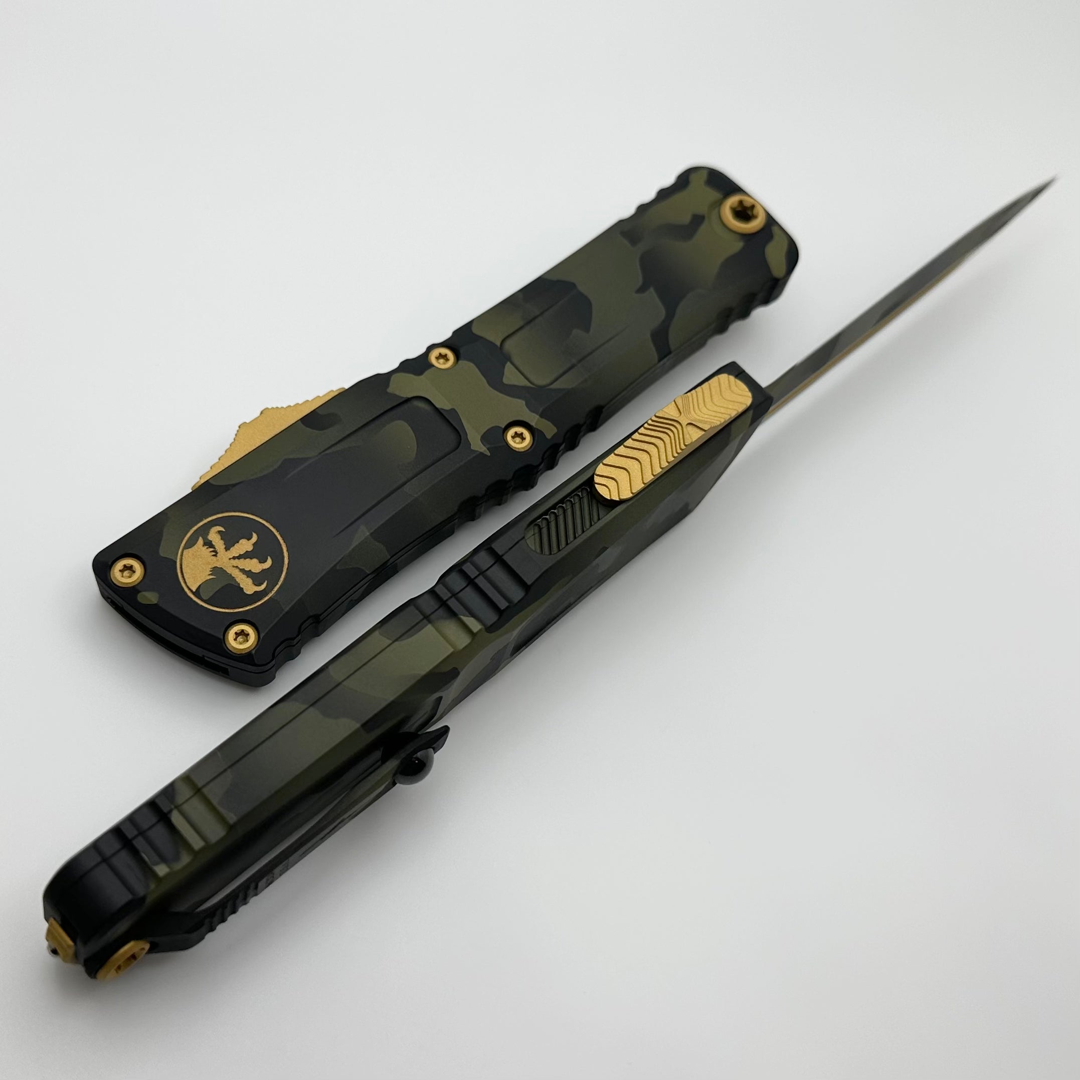 Microtech Combat Troodon Gen III Olive Camo Gold Accents OTF Knife - Ultimate Tactical EDC