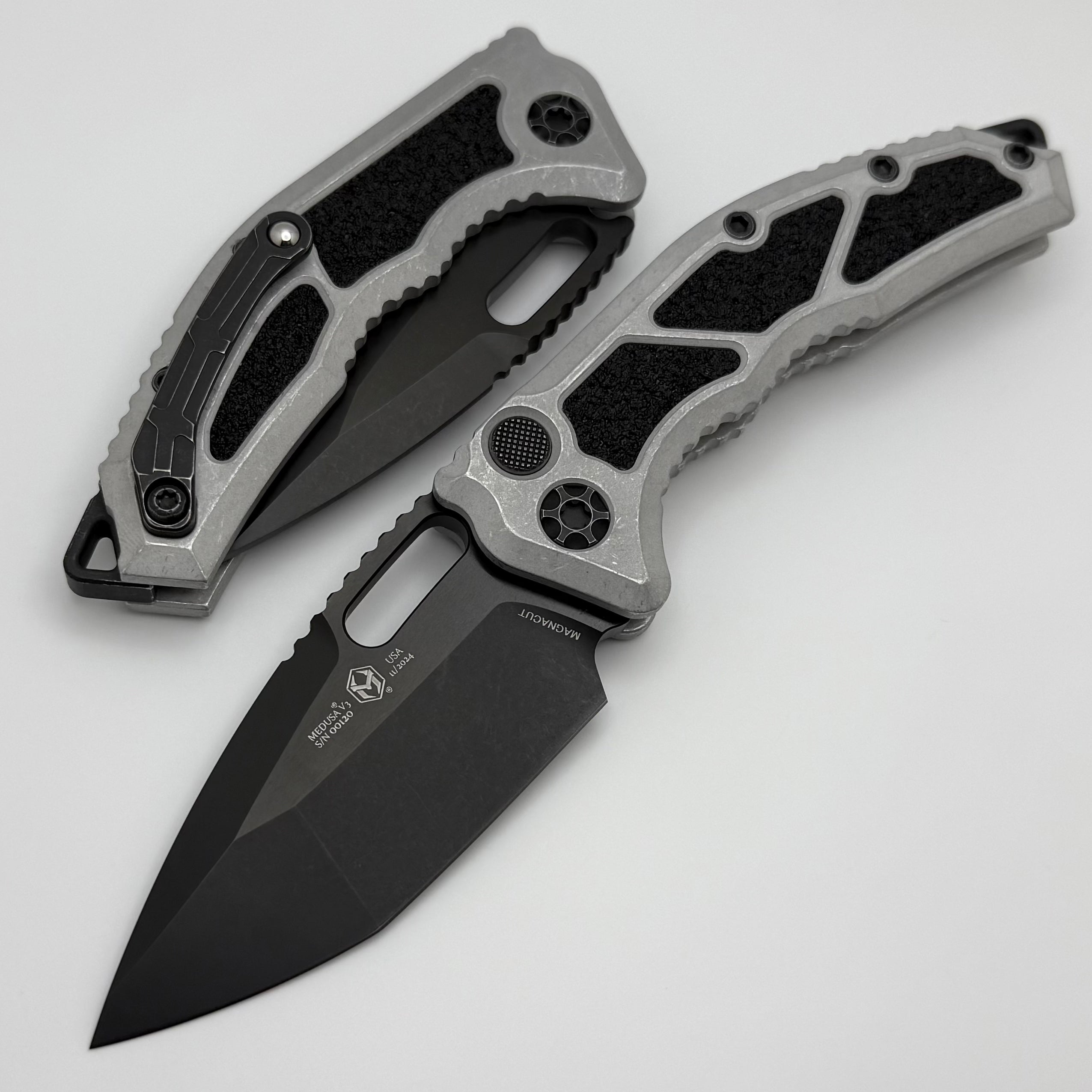 Heretic Knives Medusa Blizzard Worn Handles w/ DLC Tanto MagnaCut - Premium Tactical EDC Knife