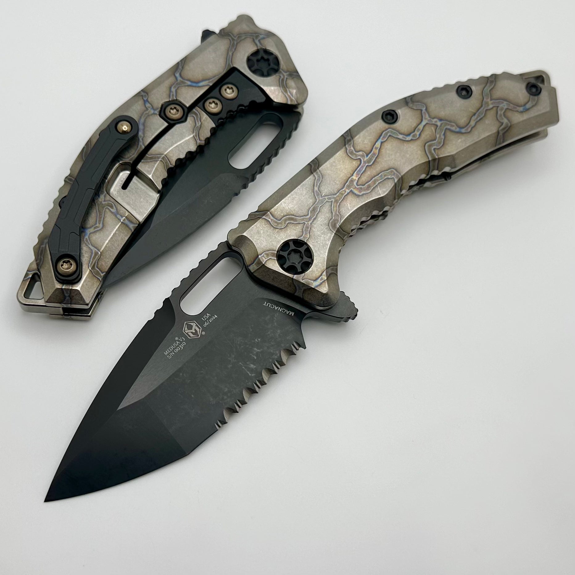 Premium Heretic Knives Medusa Manual Folding Knife - Flamed Titanium & Serrated DLC MagnaCut