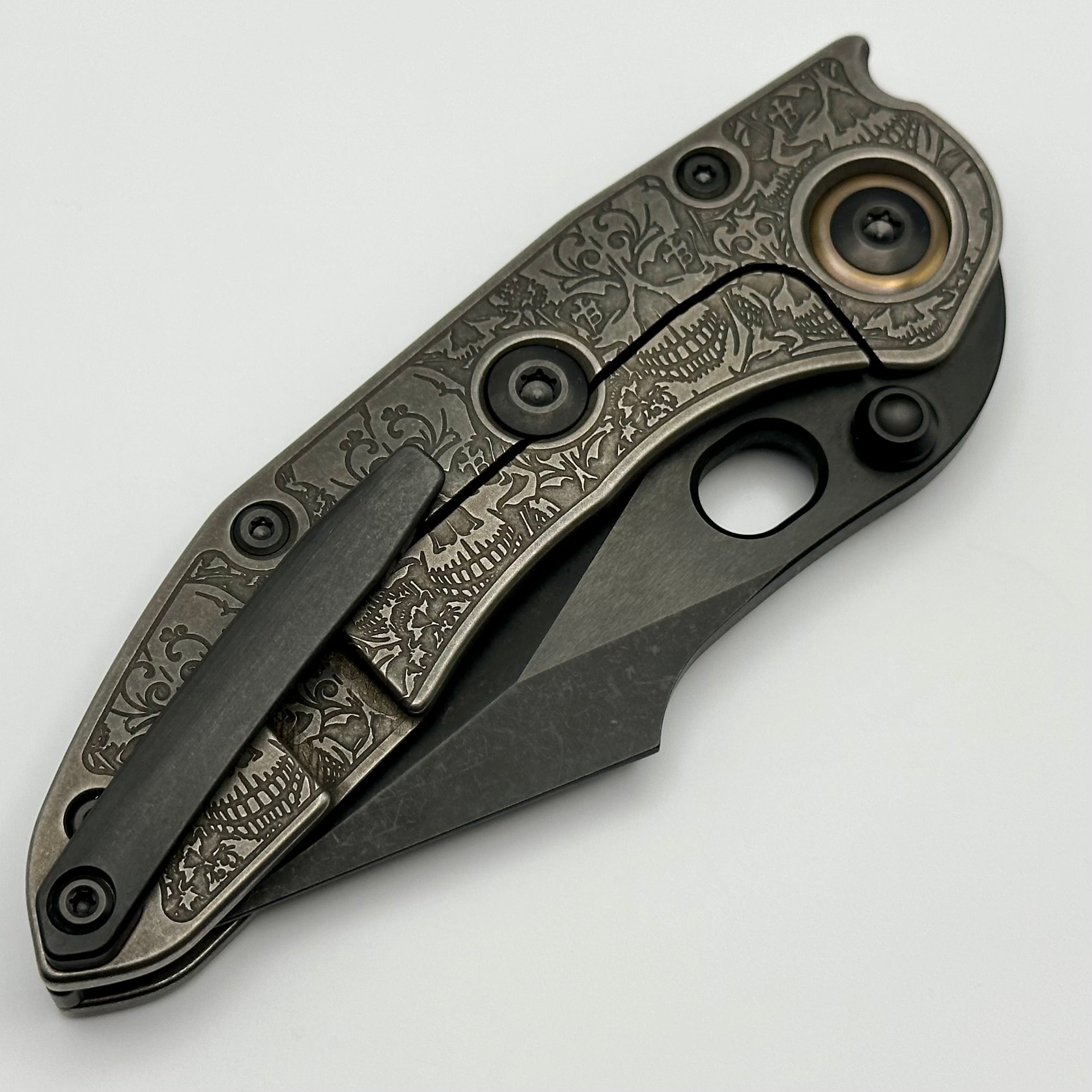 Borka Blades & Ti2 Design Skulls Stitch Knife - Premium M390 Steel with Bronze Pivot Collars & DLC Finish