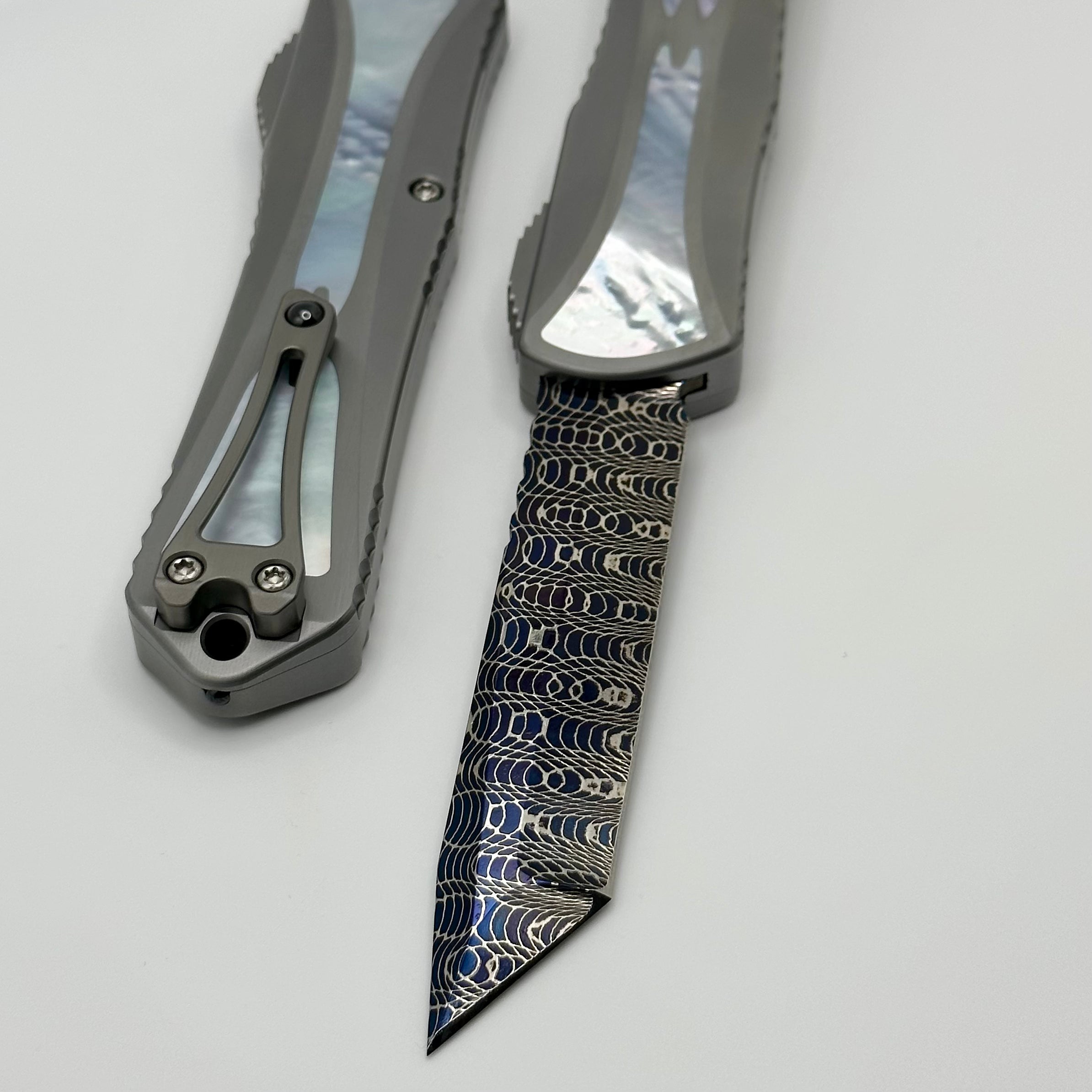 Heretic Knives Manticore X: Premium Vegas Forge Damascus Tanto OTF Knife with Stainless Steel Handle & Mother of Pearl Inlays