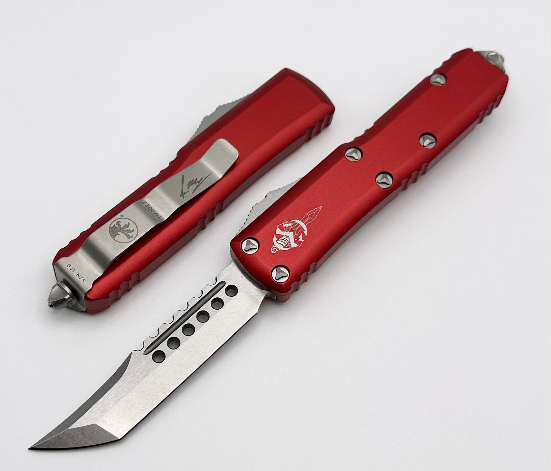 Premium Microtech UTX-85 Hellhound EDC Knife - Stonewash & Red Finish