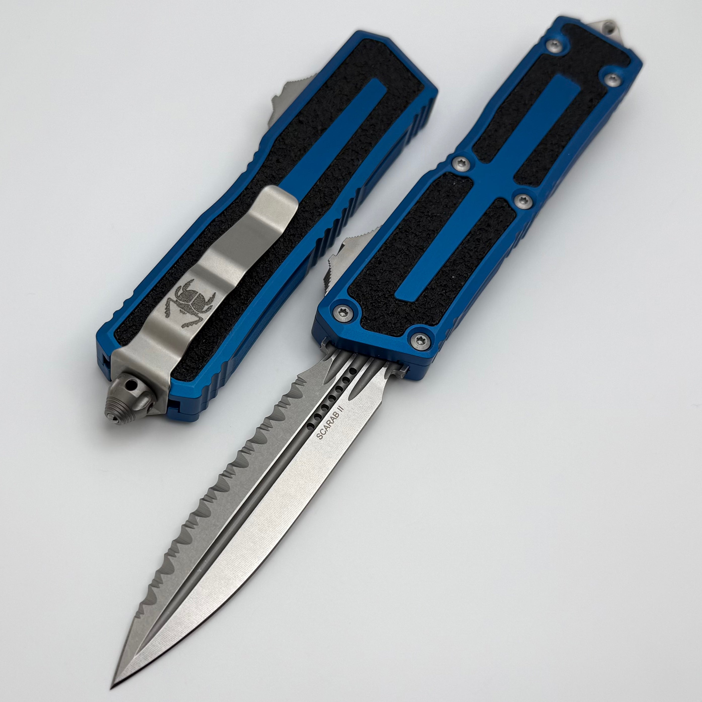 Microtech Scarab 2 Gen 3 D/E Stonewash Full Serrated Blue Handle - Ultimate Tactical Knife