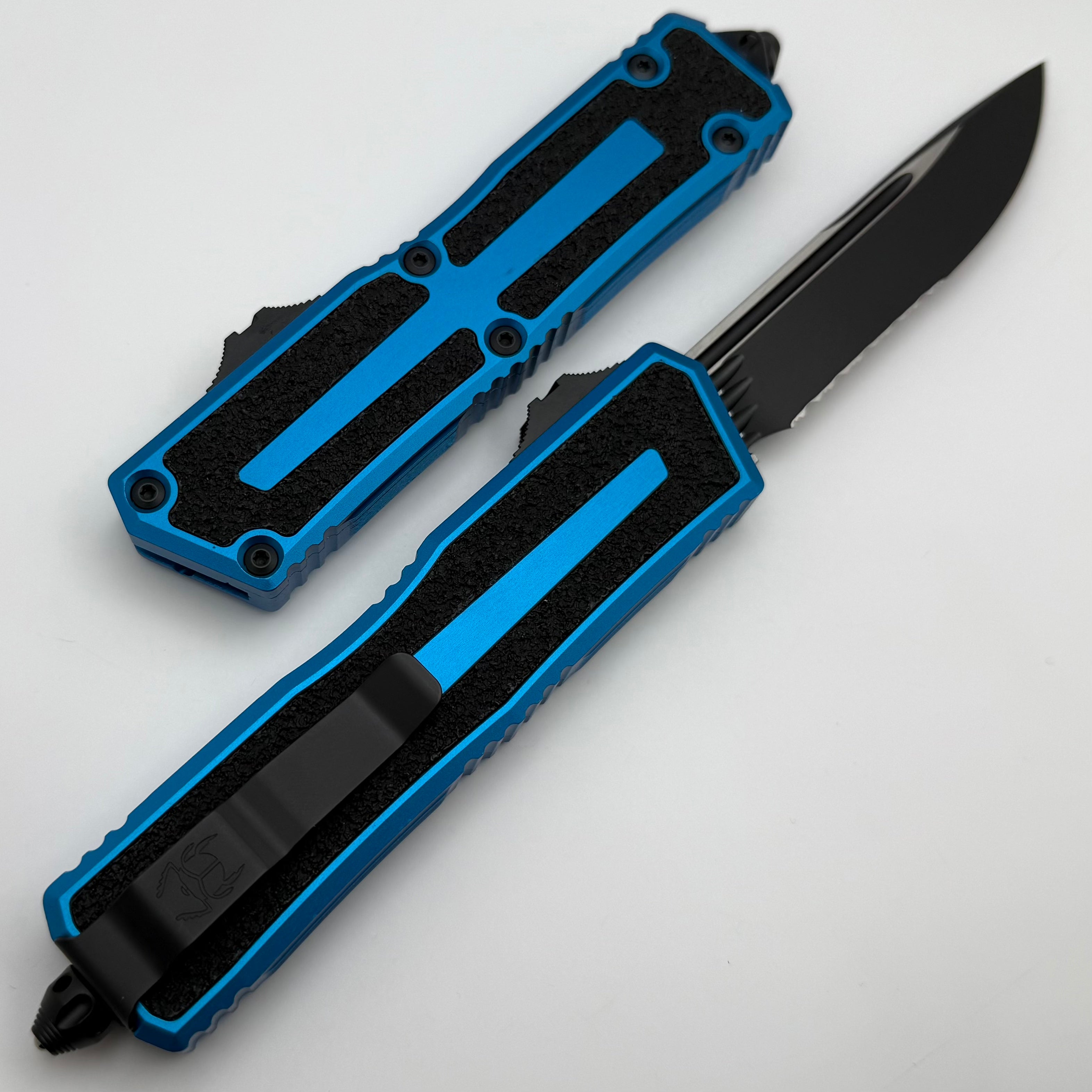 Microtech Scarab 2 Gen 3 Ultimate Tactical Knife - Black Partial Serrated Blade with Blue Handle