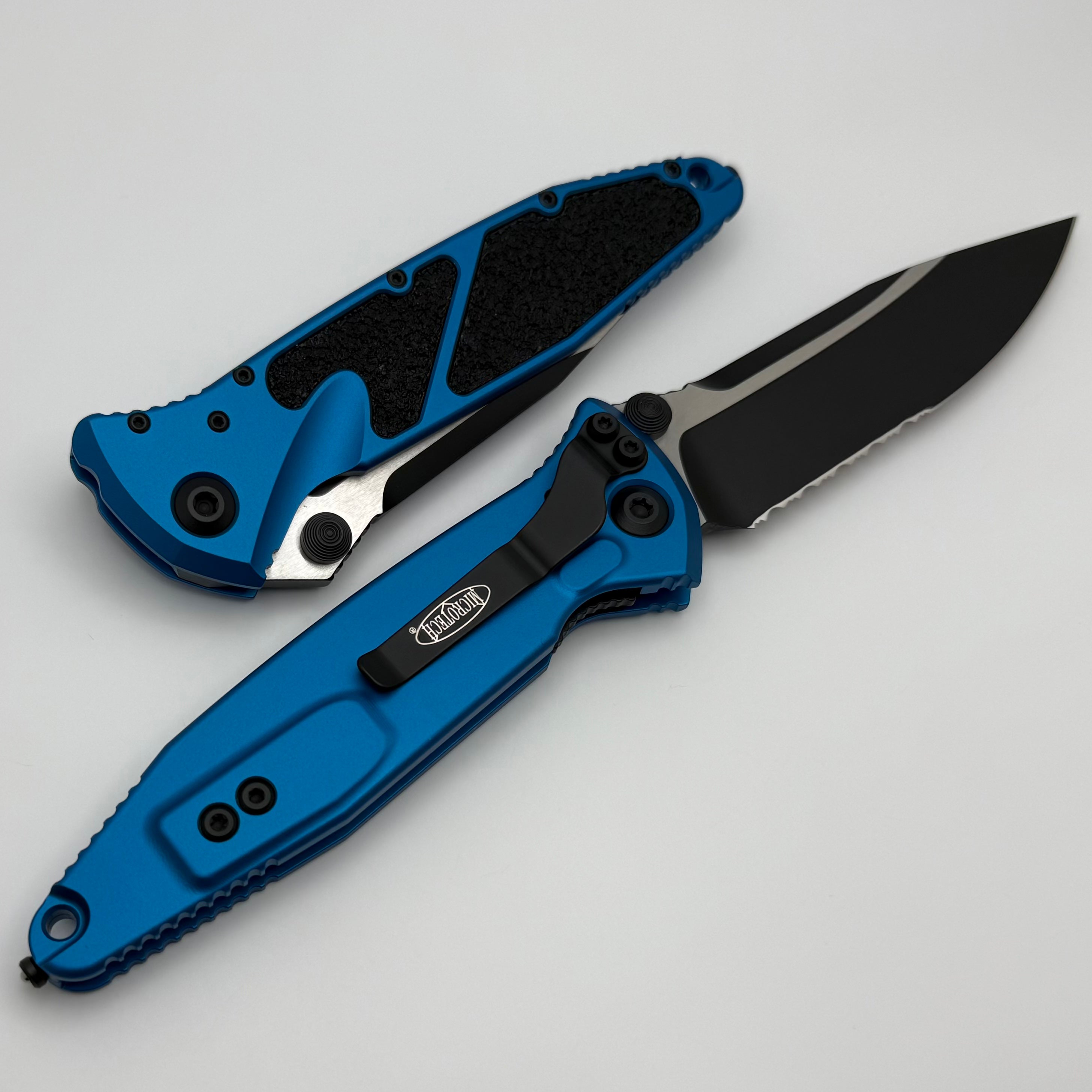 Microtech Socom Elite Manual Tactical Knife - Black Blade with Blue Handles