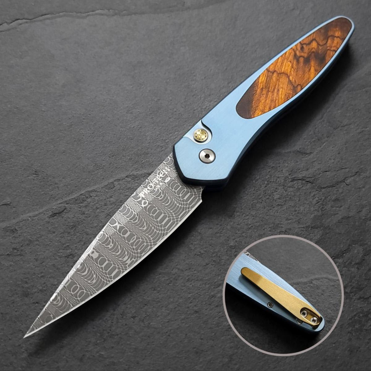 Premium Pro-Tech Newport 2 Custom Knife - Satin Blue Titanium with Mosaic Button & Desert Ironwood Inlay