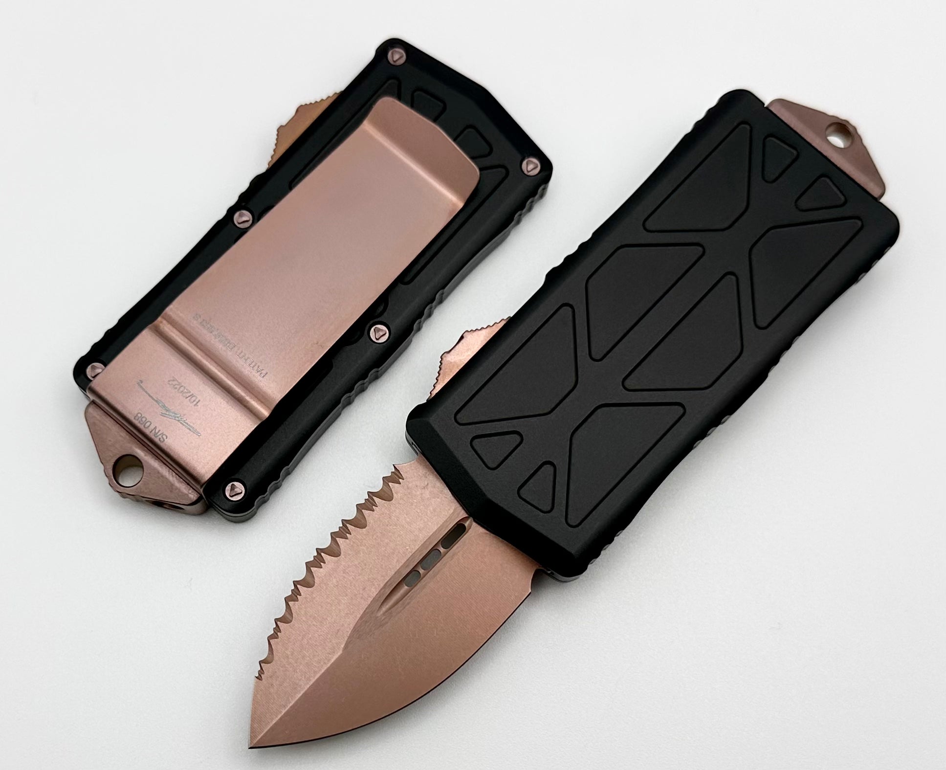 Premium Microtech Exocet PVD Rose Gold Full Serrated Knife - Ultimate Daily Carry