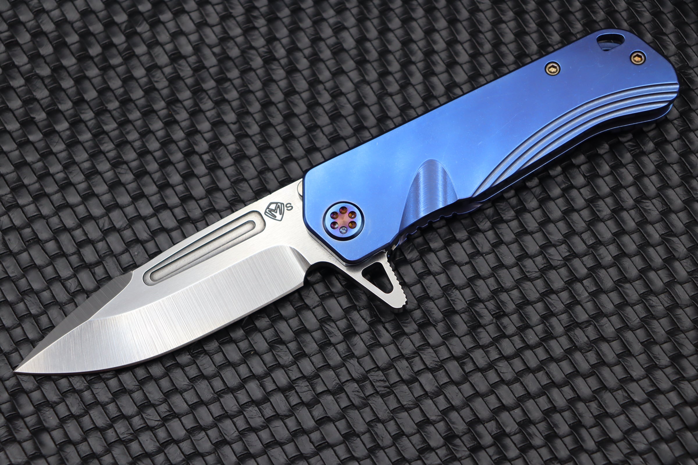 Medford Proxima EDC Knife - Premium S35VN Blade with Blue Handles & Flamed Hardware