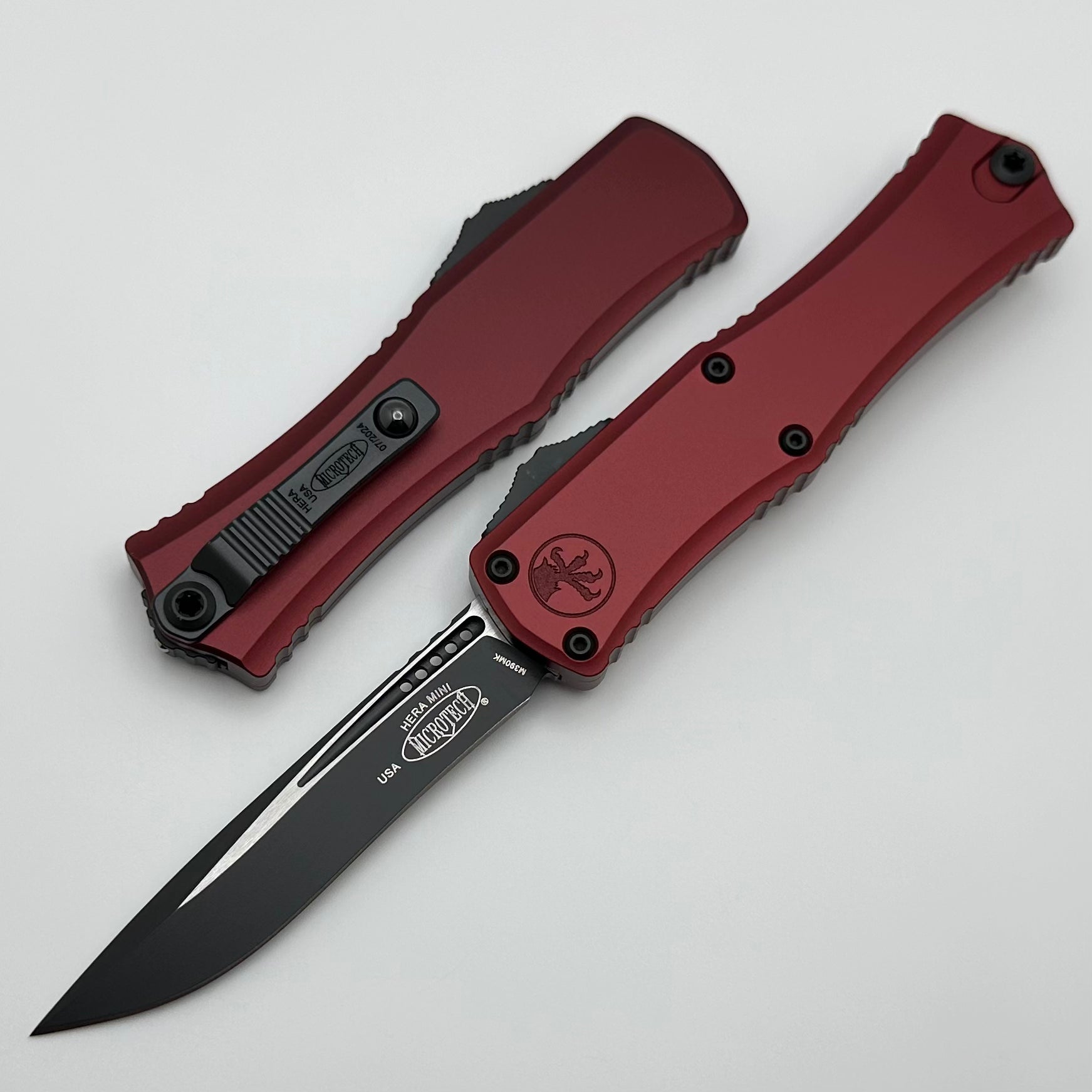 Microtech Premium Mini Hera Tactical Knife - Black Recurve M390MK with Merlot Aluminum Handle