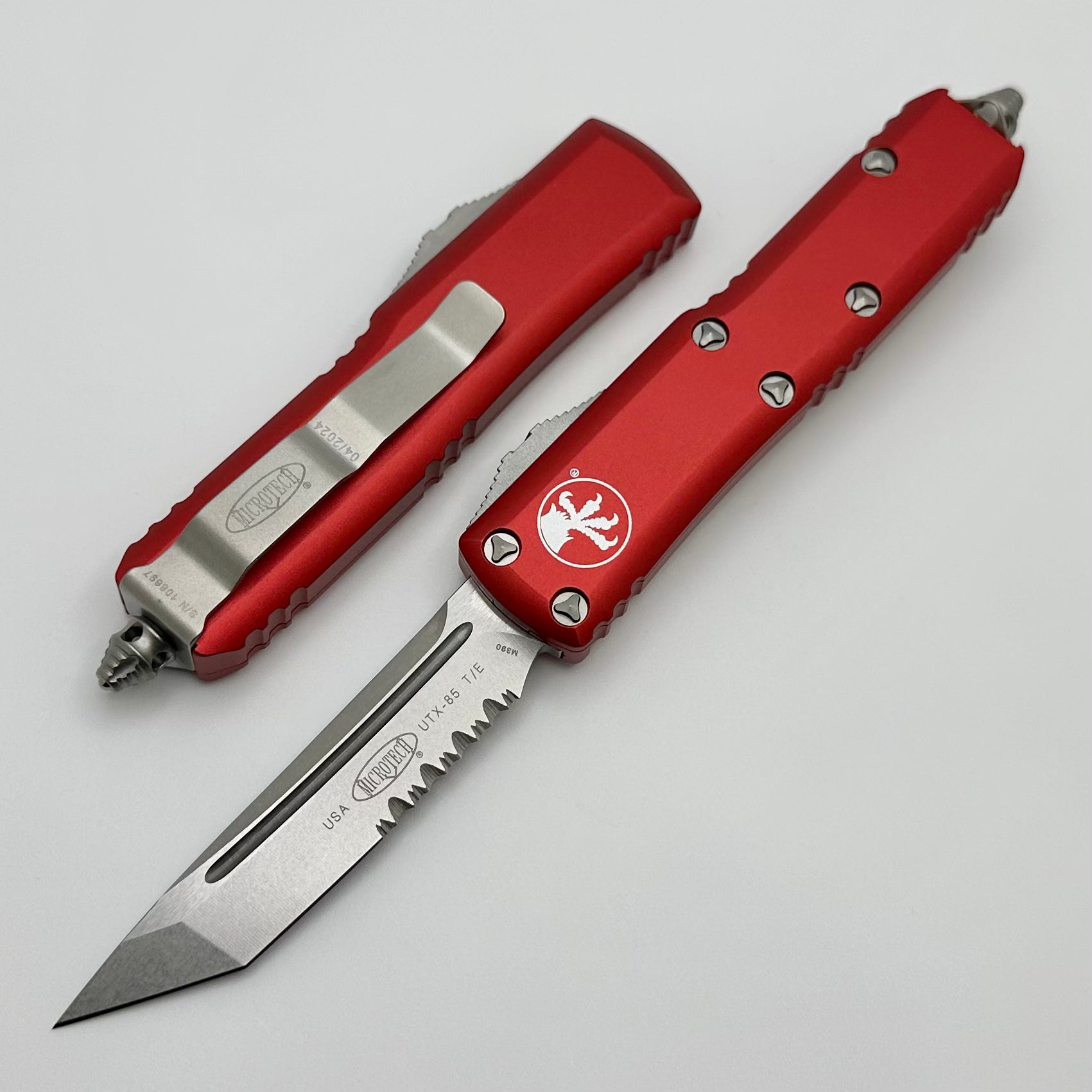 Microtech UTX-85 Tanto Tactical EDC Knife - Stonewash Finish with Partial Serration & Red Handle