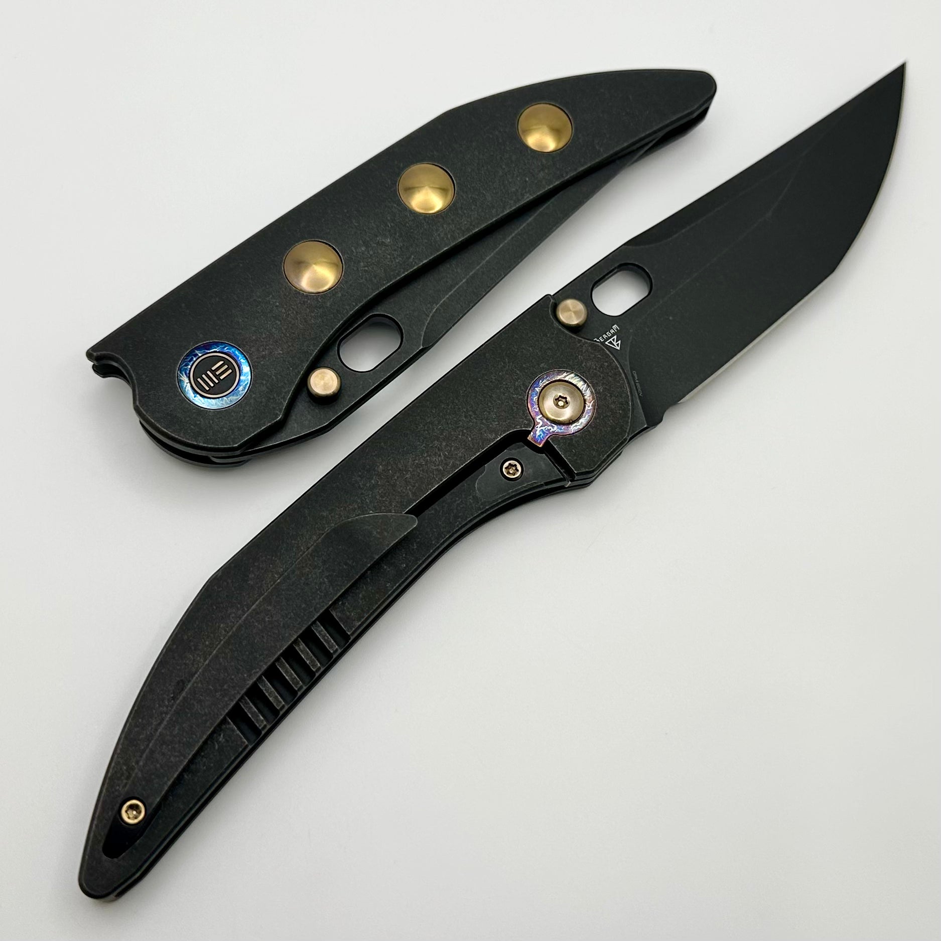 Premium We Knife Attor Black Titanium Integral Handle with Golden Inlays & Black Stonewash 20CV - Ultimate EDC Companion