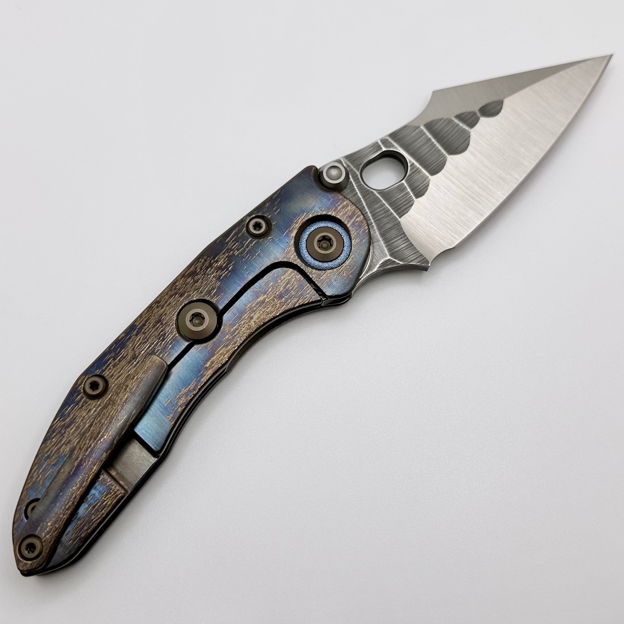 Premium Borka Blades Custom Rocker Cosmic Stitch Knife with Rock Grind Blade & Blue Pivot Collars