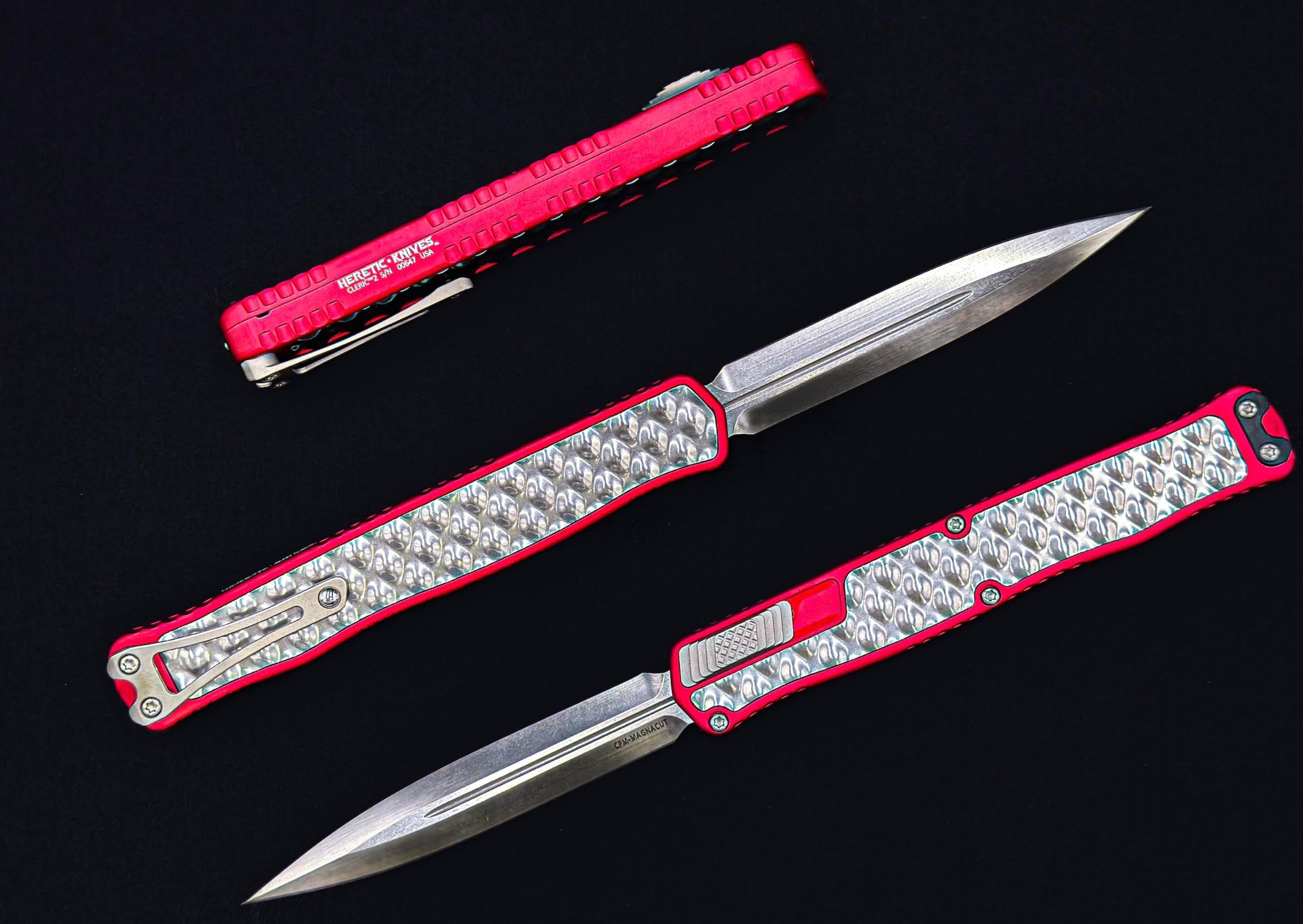 Ultimate Heretic Knives Cleric II: Premium Double Edge Magnacut Blade with Red & Stainless Bubble Inlays