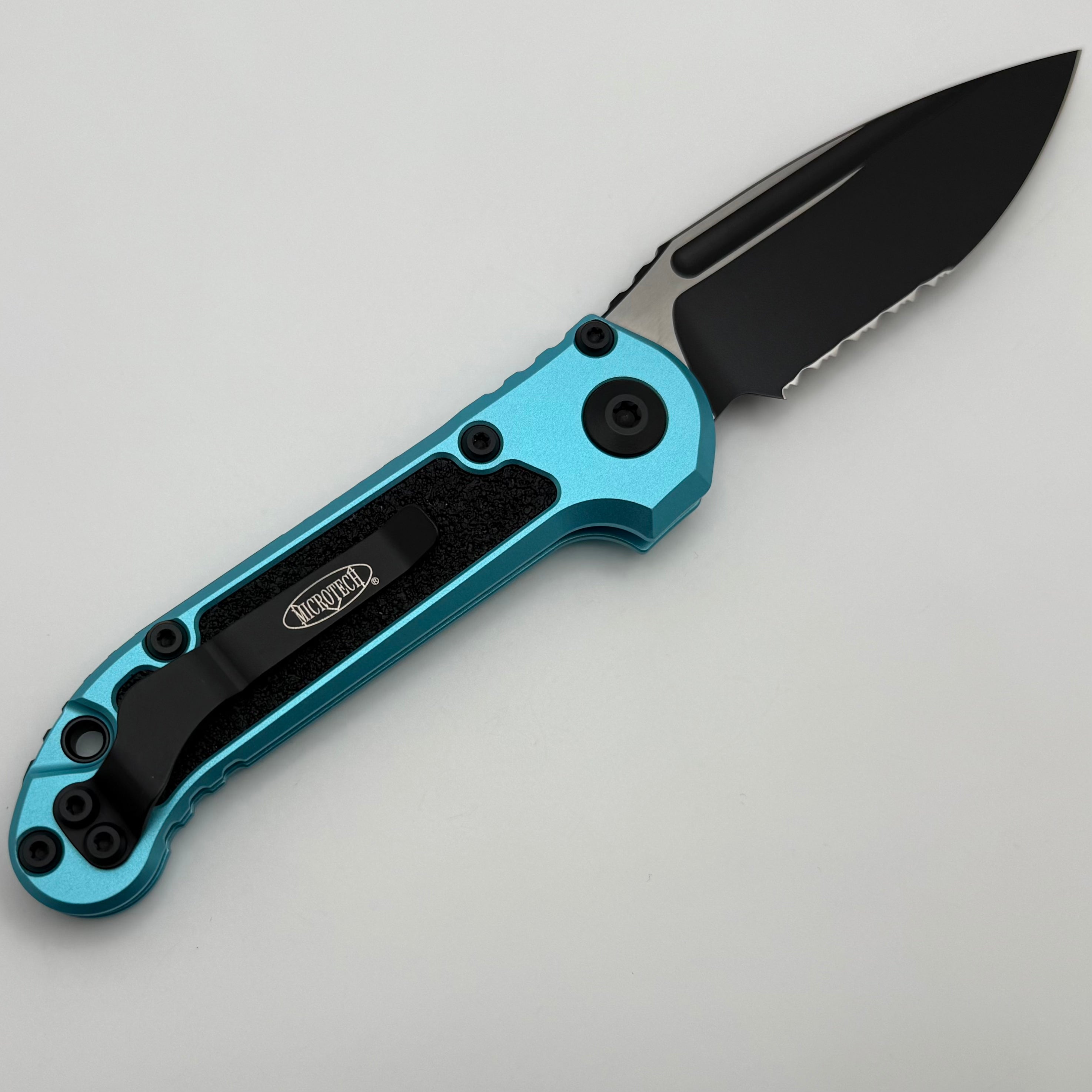 Premium Microtech LUDT Gen III Tactical Knife - Black Partial Serrated with Turquoise Handle