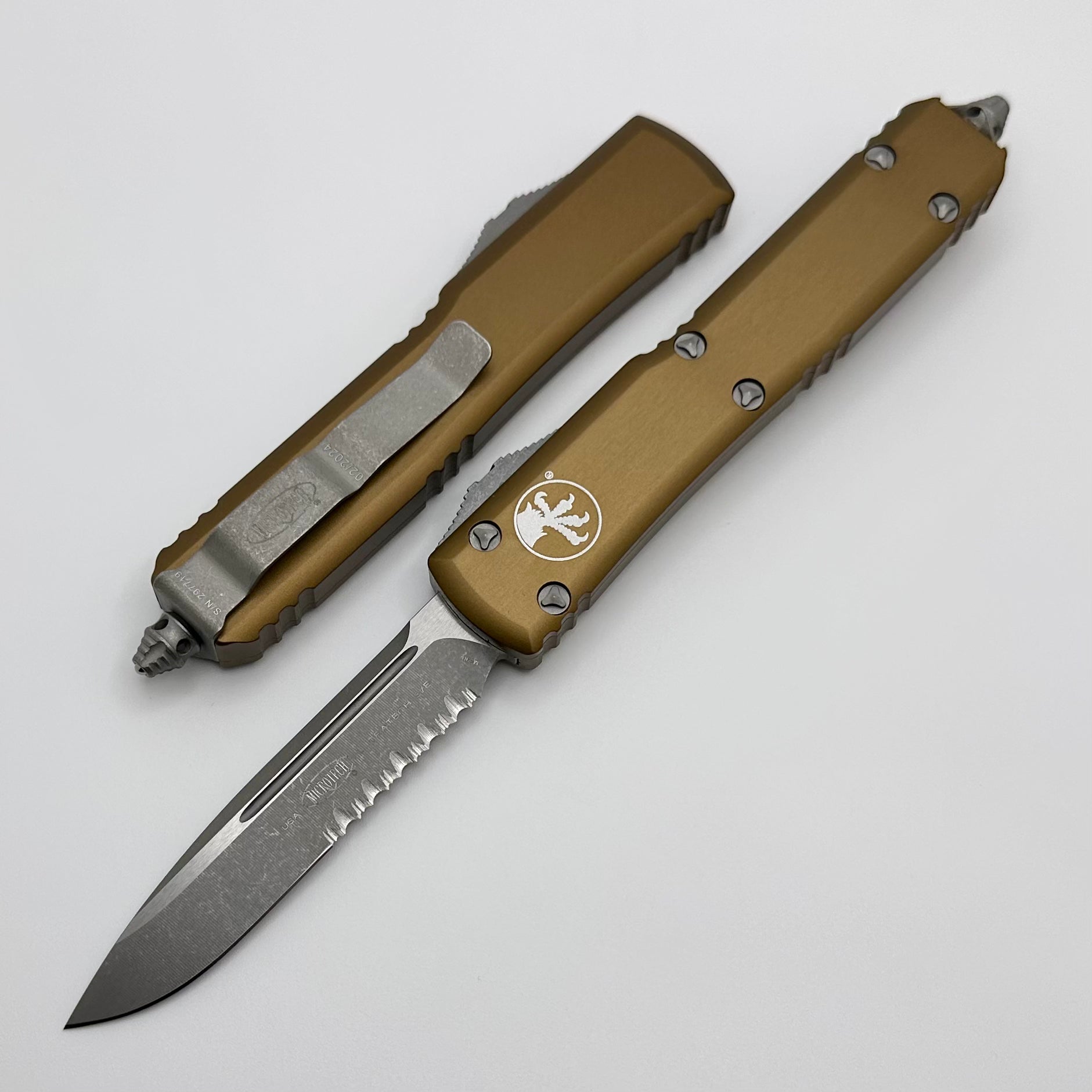 Microtech Ultratech Premium OTF Knife - Apocalyptic Finish with Partial Serration