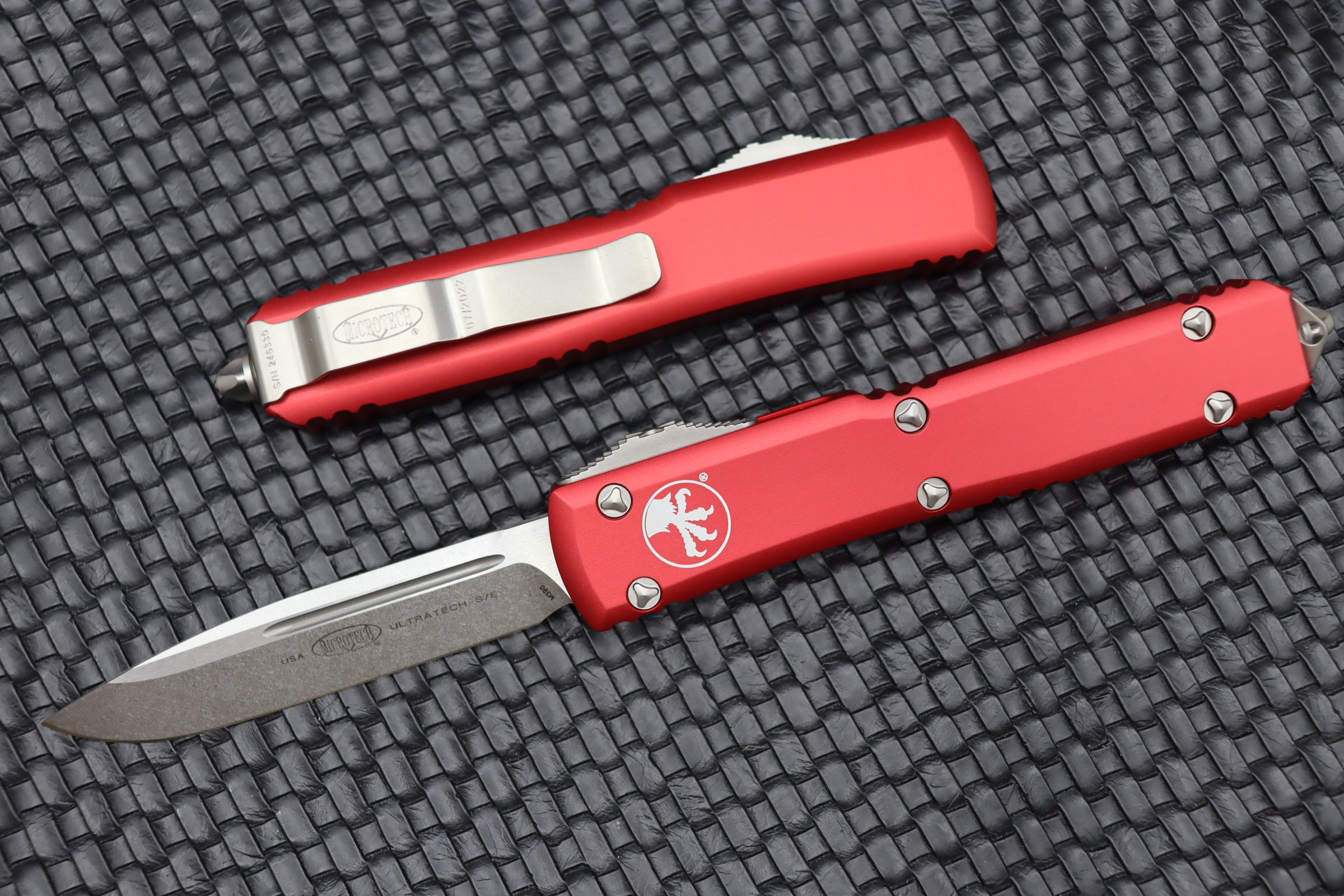 Microtech Ultratech Premium Single Edge Stonewash Knife with Red Handle