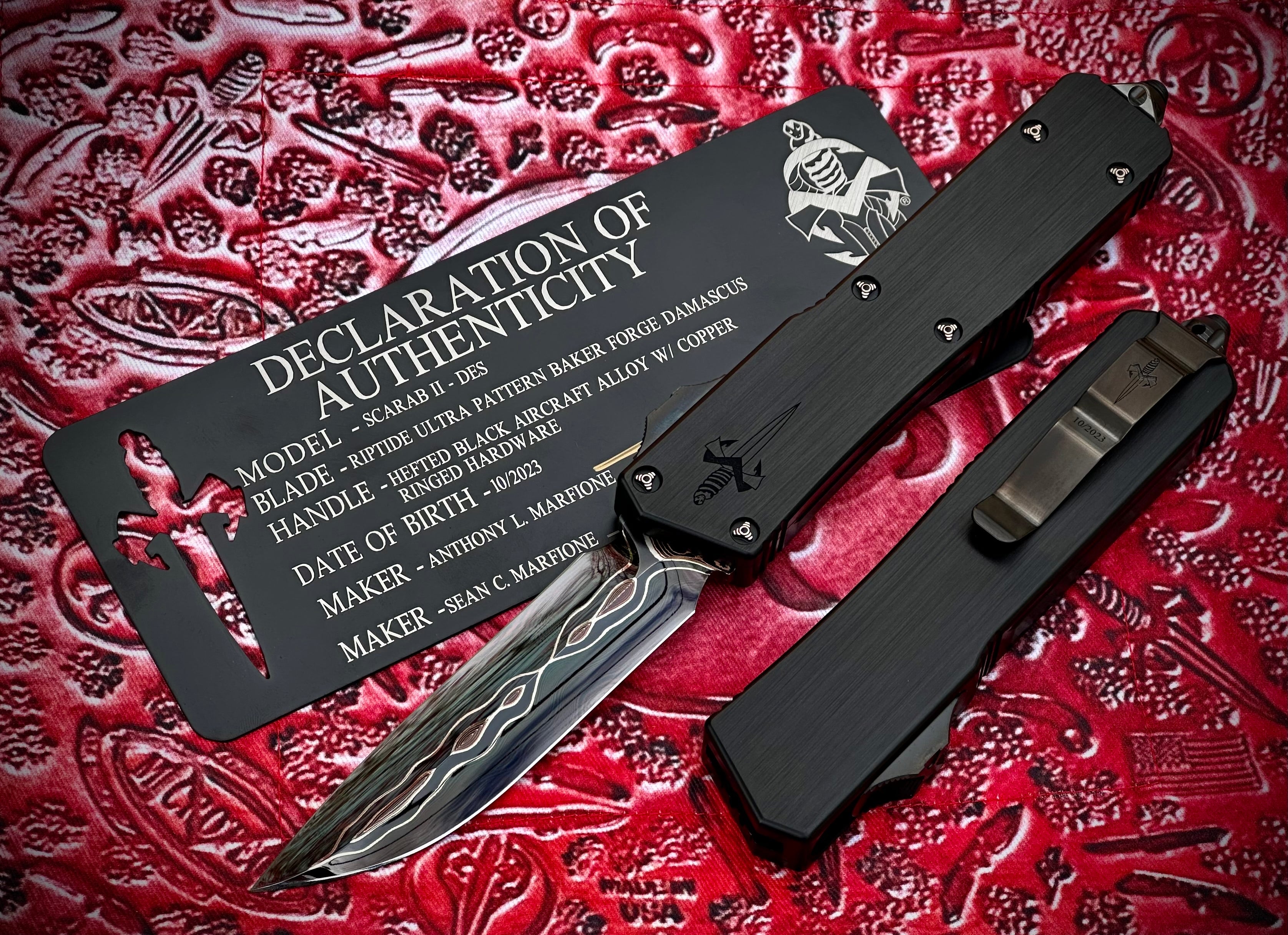 Premium Marfione Custom Scarab II Tactical OTF Knife - Ultra Damascus Blade & Hefted Black Handle