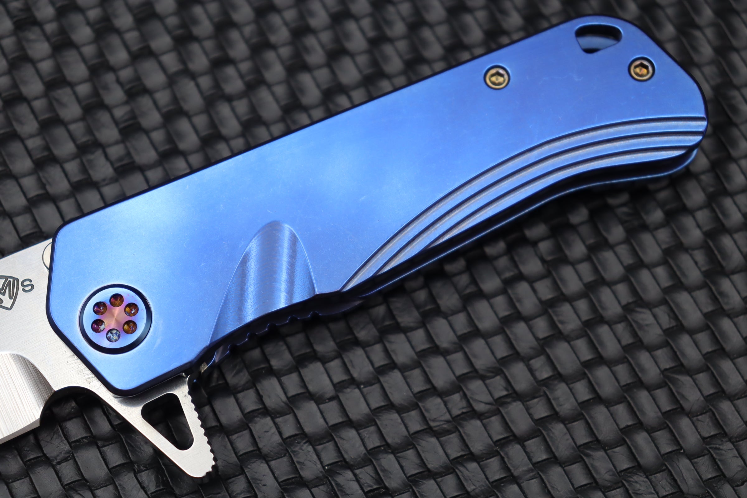 Medford Proxima EDC Knife - Premium S35VN Blade with Blue Handles & Flamed Hardware