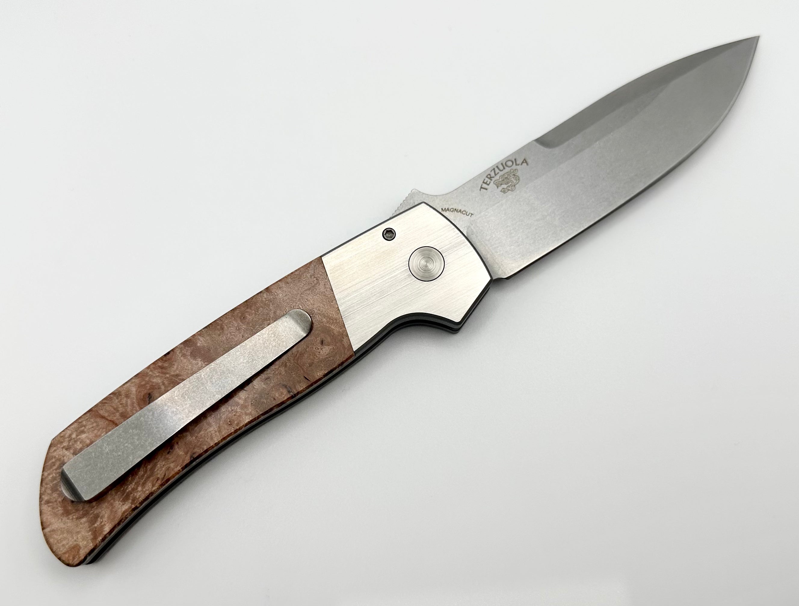 Premium Pro-Tech ATCF Knife: Maple Burl Inlays & Stonewash MagnaCut Blade