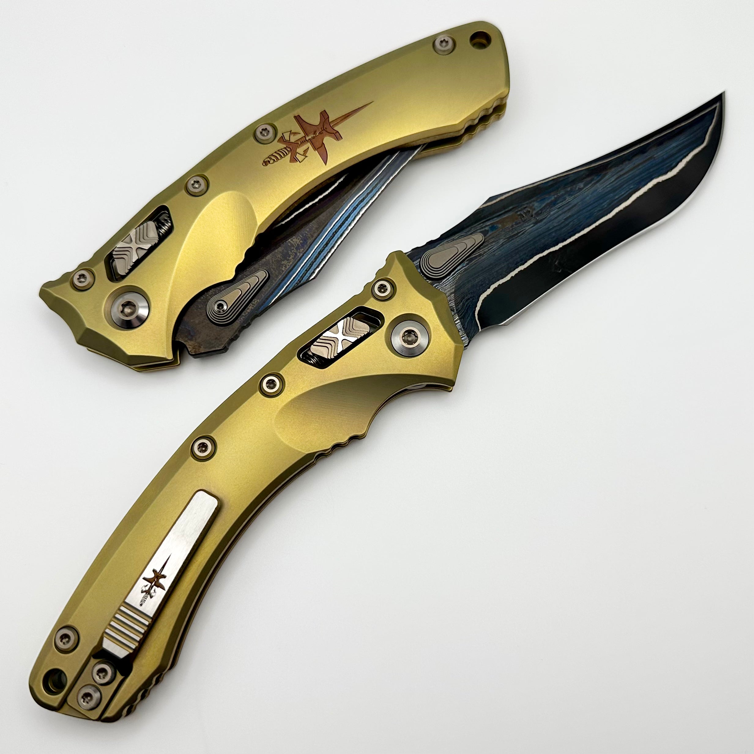 Marfione Custom Amphibian RAM-LOK Terraform Knife - Premium Damascus & Gold Titanium Design
