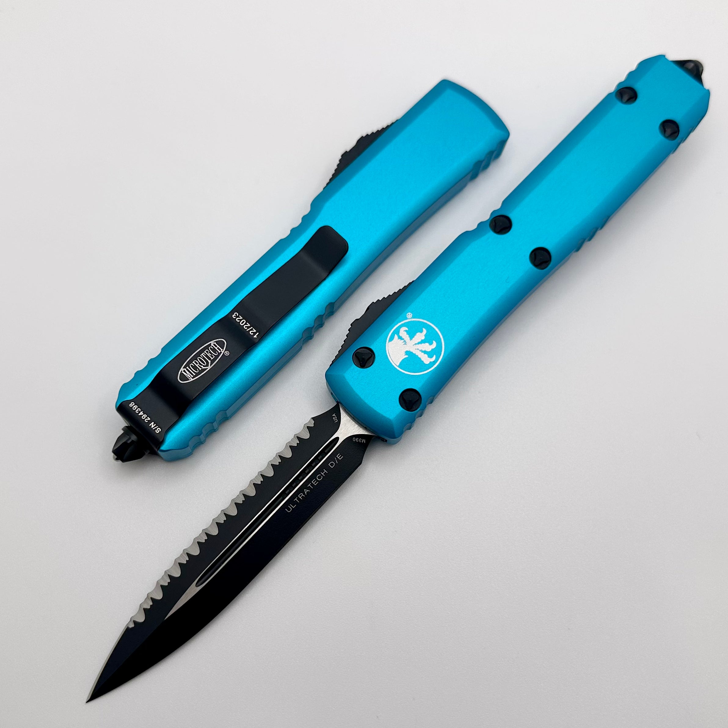 Microtech Ultratech D/E Premium Tactical Knife - Black Full Serrated & Turquoise