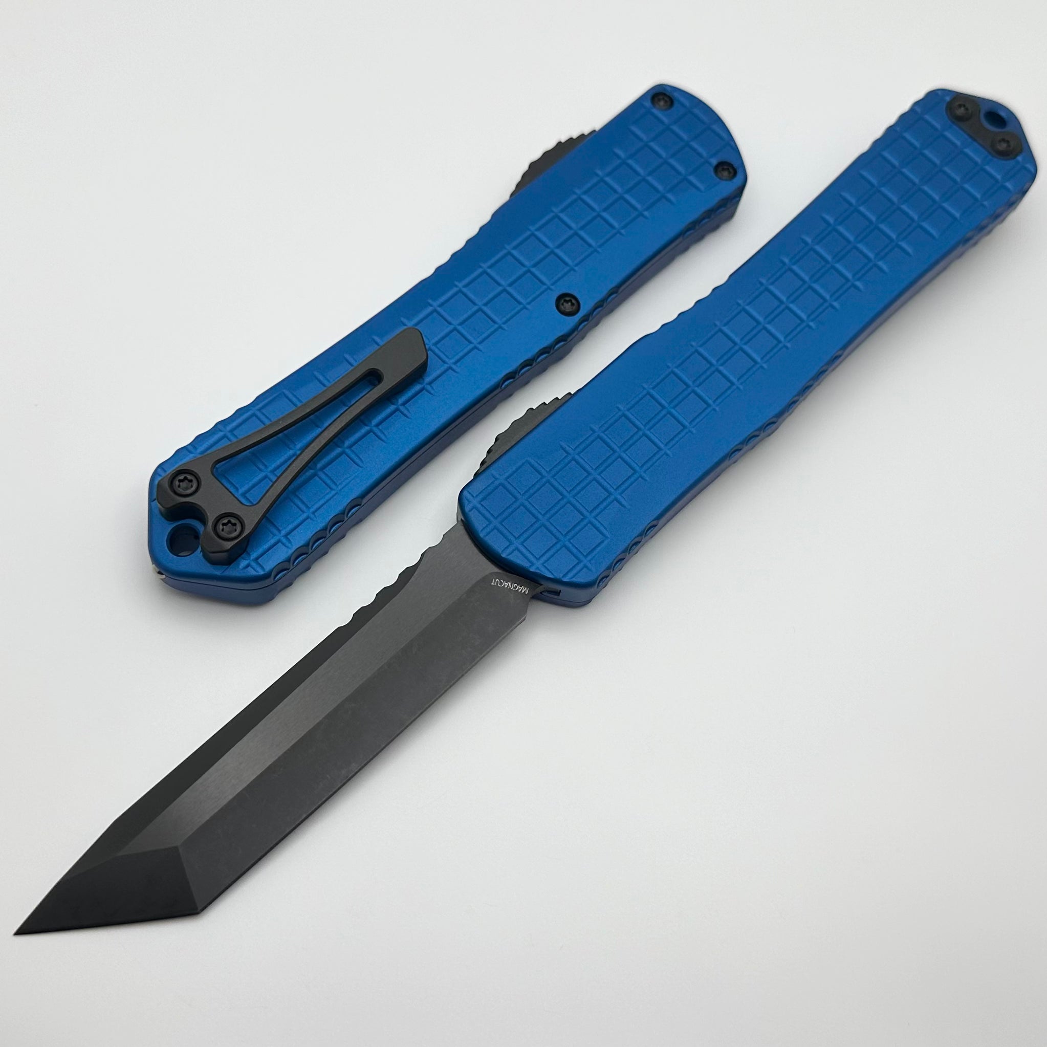 Heretic Knives Manticore X: Ultimate Tactical OTF Knife with Blue Frag Handle & DLC Tanto MagnaCut Blade